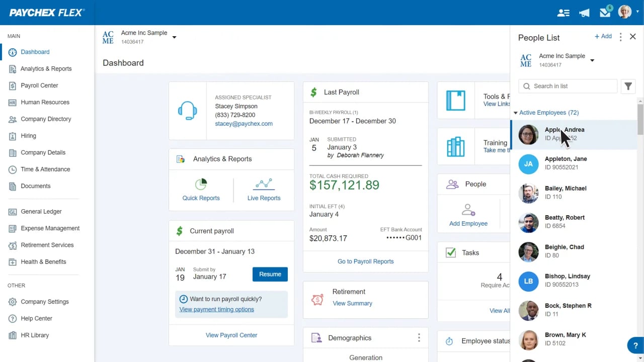 Paychex Flex payroll dashboard
