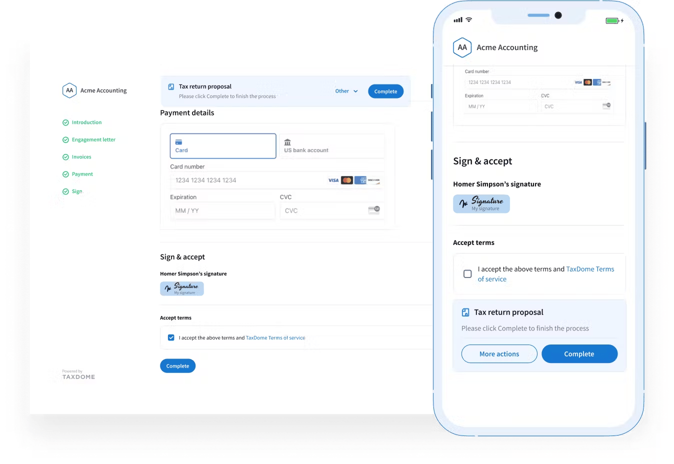 TaxDome's Proposals and Engagement Letter feature, as seen from the client's side on both desktop and mobile.