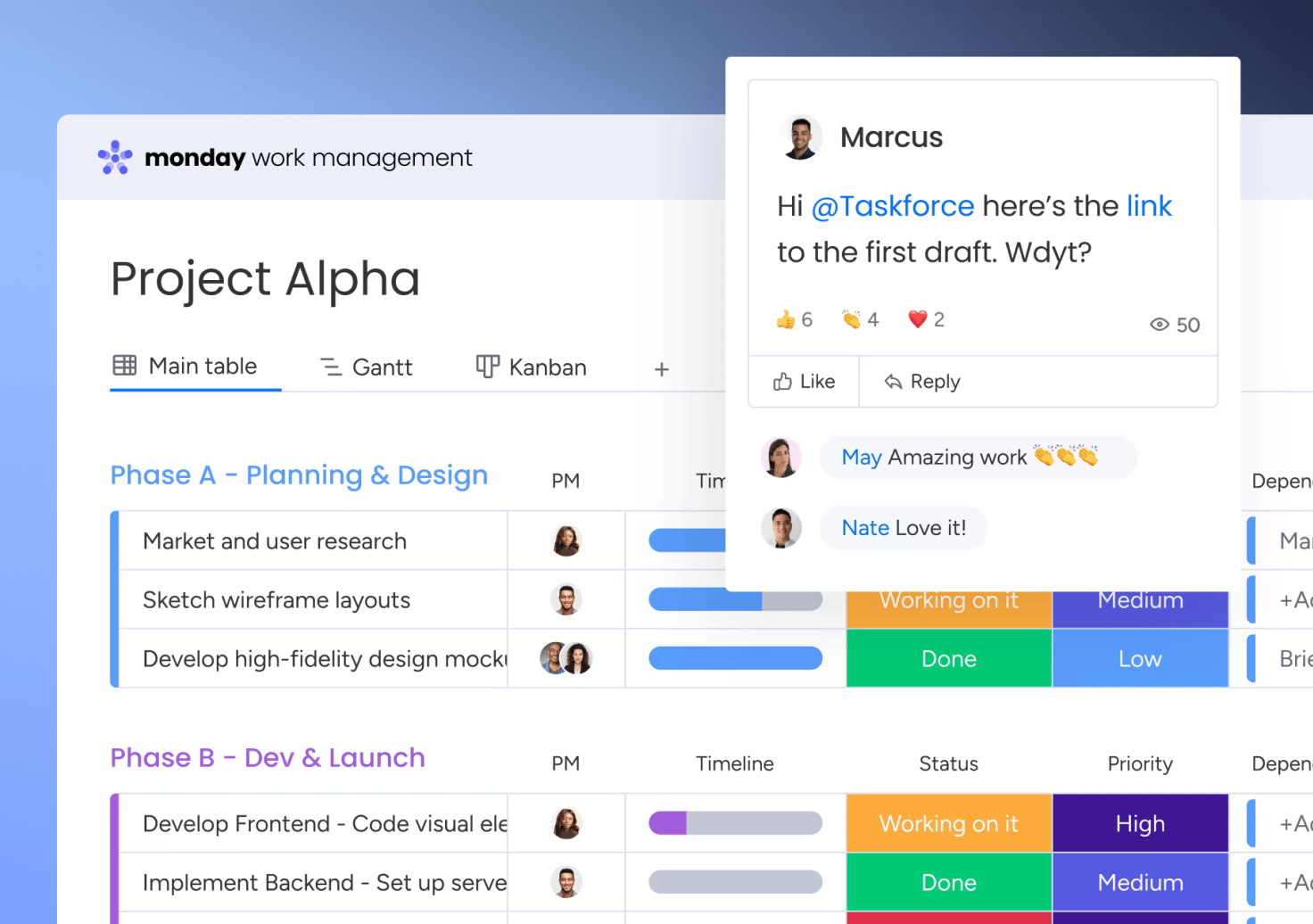 a preview of team comments in Monday.com’s project management platform