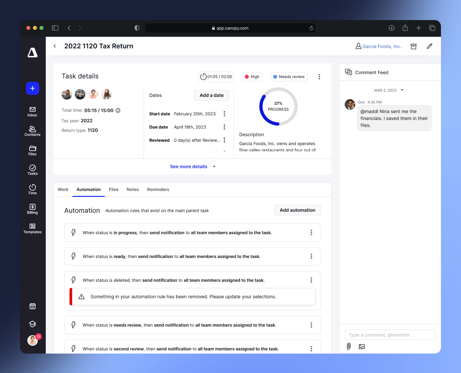 Canopy client profile view