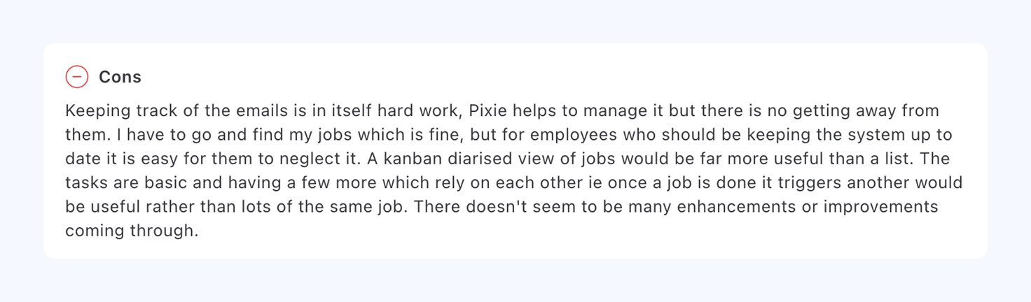 a screenshot of a Pixie customer review discussing limited automation and email features