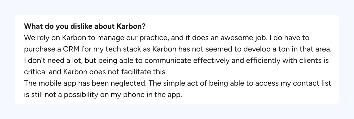 A screenshot of a Karbon customer review discussing limitations with the CRM and mobile app