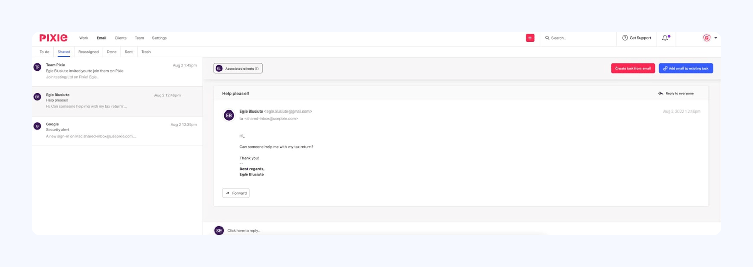 A screenshot of Pixie’s shared inbox feature