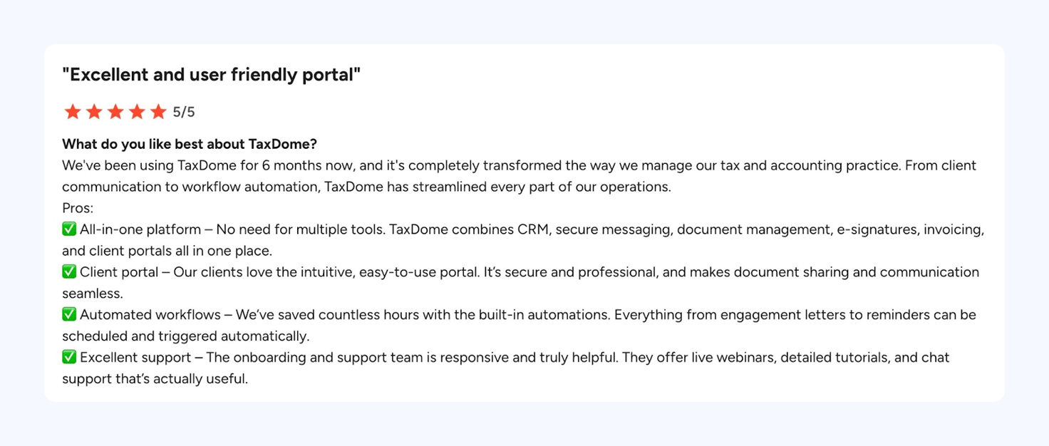 A screenshot of a TaxDome customer review