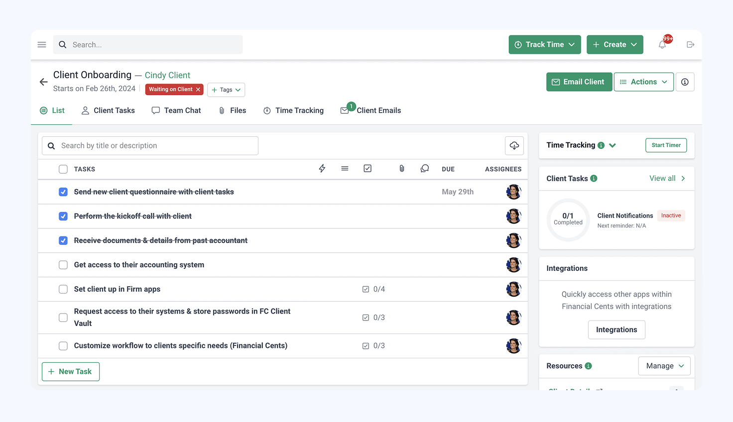 A screenshot of the client onboarding checklist in Financial Cents