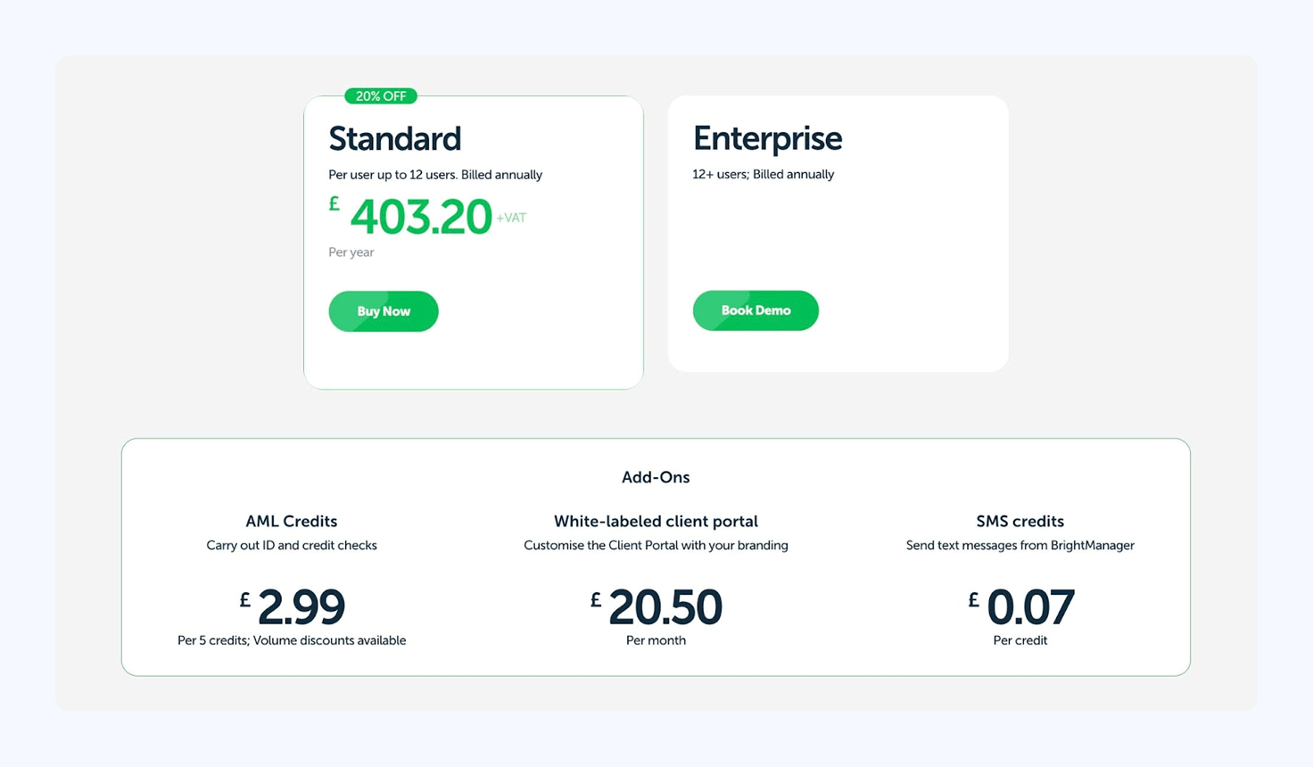 A screenshot of BrightManager’s pricing details