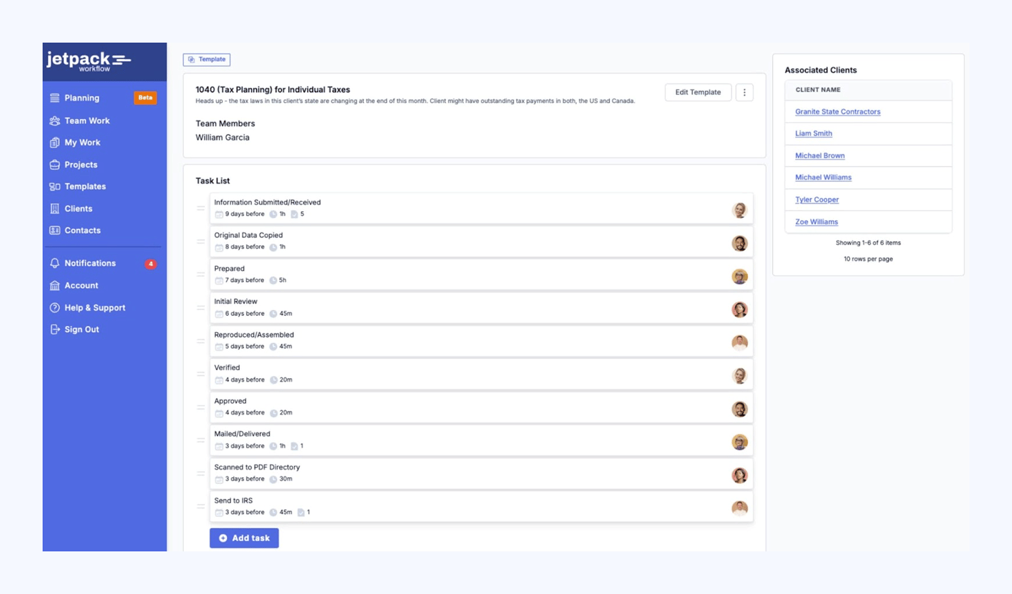 Jetpack Workflow template panel and task list