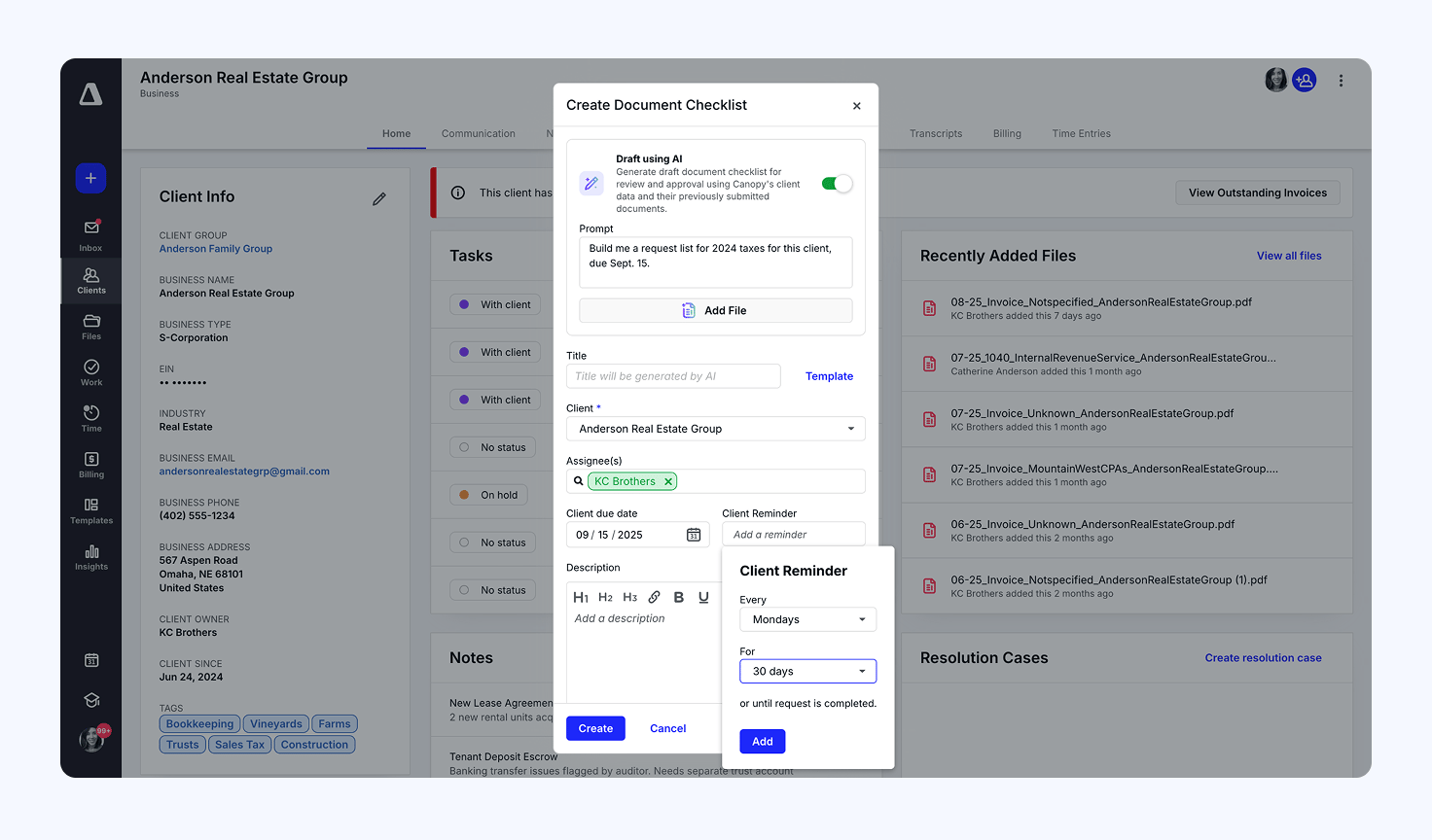 a screenshot of Canopy’s client intake system
