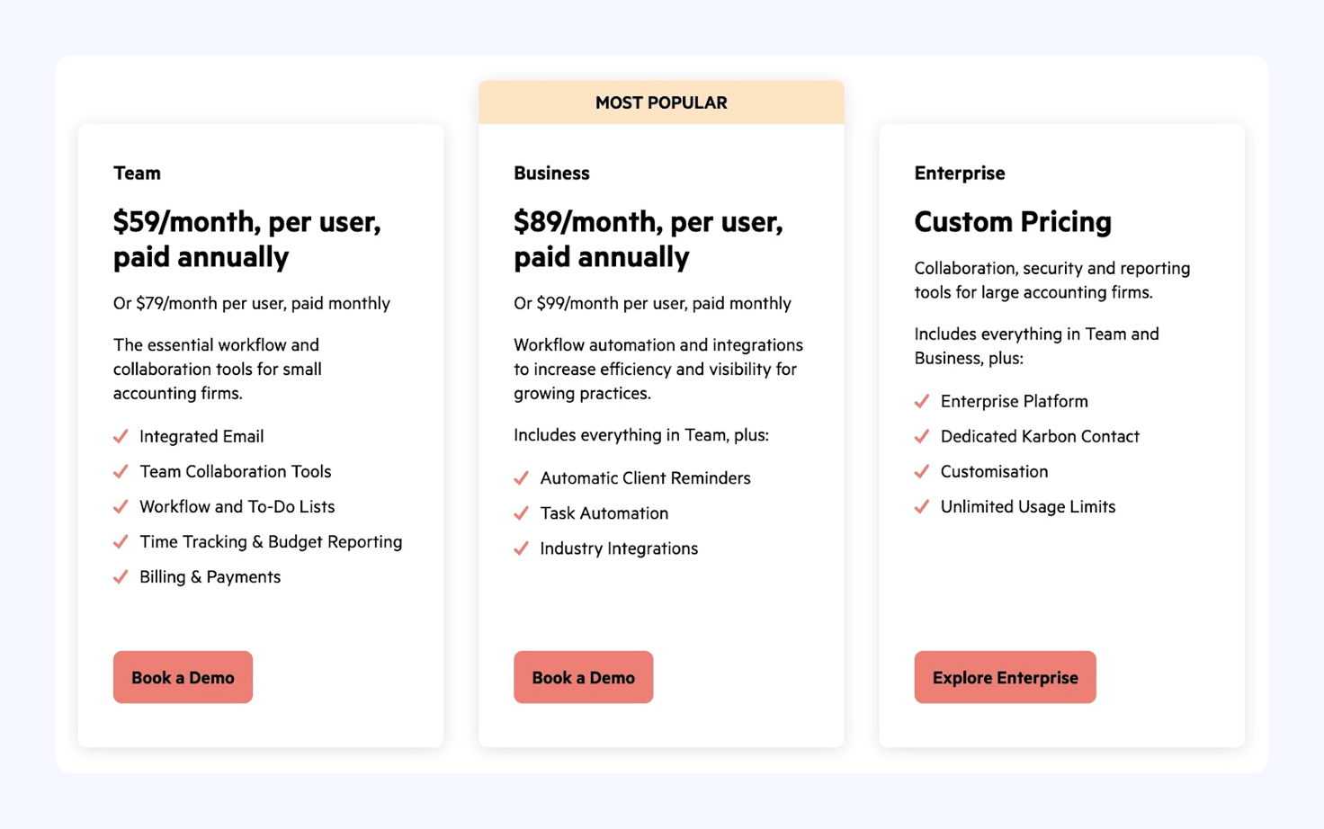 A screenshot showing Karbon’s plans and pricing