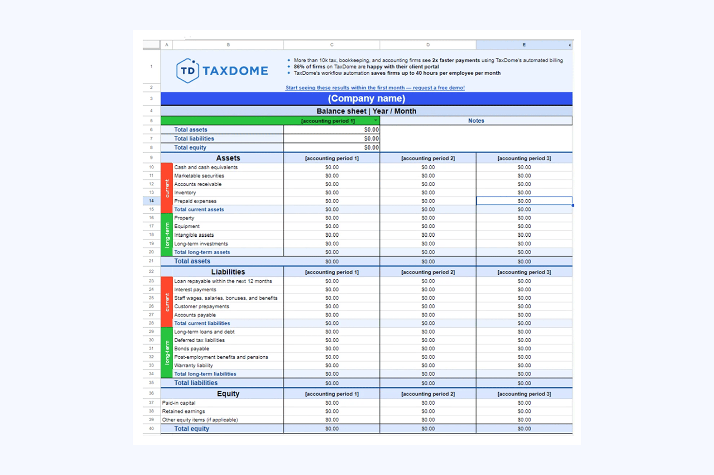 A screenshot of TaxDome’s free balance sheet template