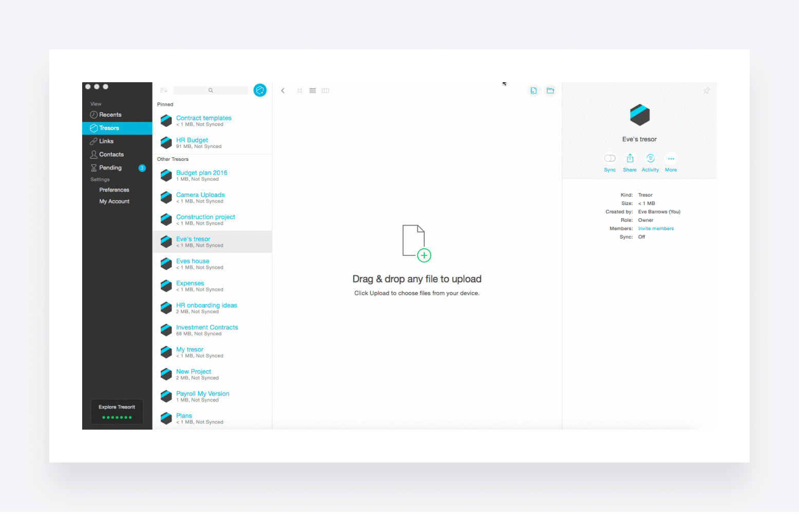 Tresorit's file sharing platform, showing how files can be dragged and dropped into secure storage.