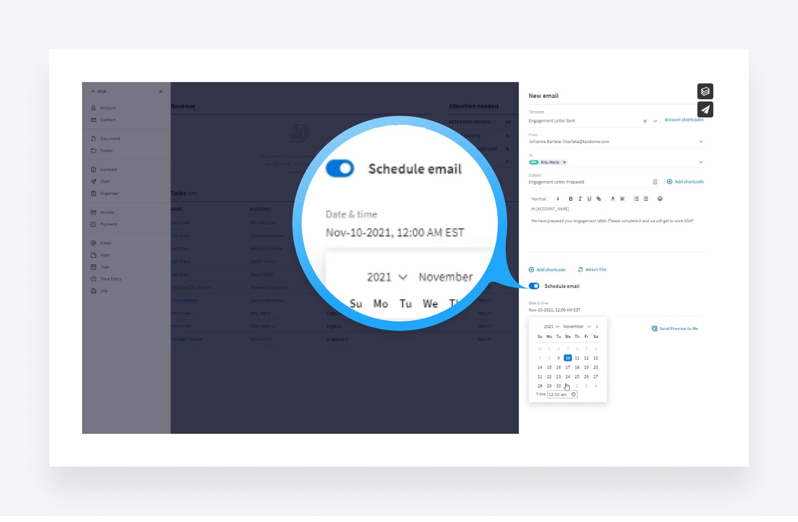 Schedule email in TaxDome