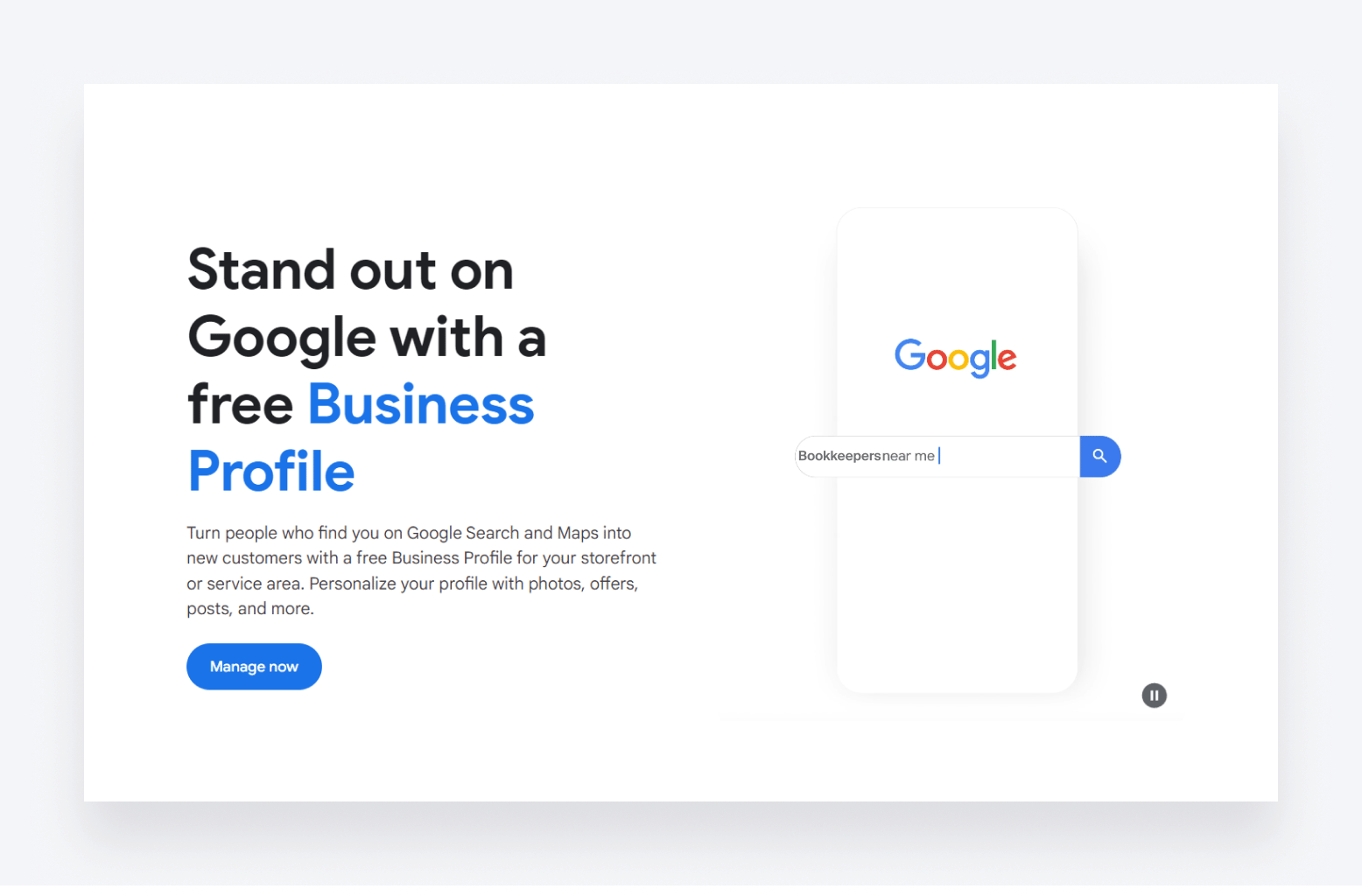 Screenshot of a Google Business Profile sign-up page.