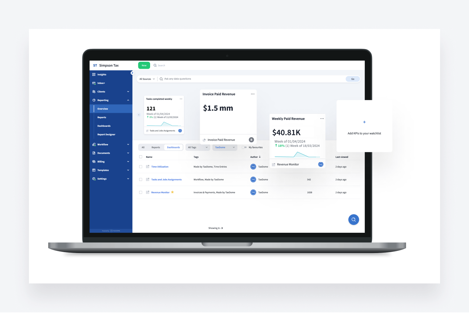 Screenshot showcasing TaxDome’s AI reporting capabilities