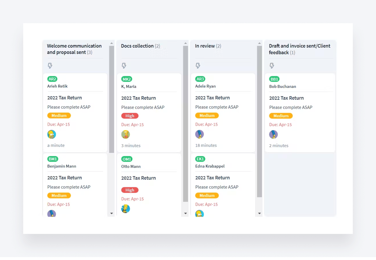 TaxDome's workflow automation, showing a kanban view of different automation stages within a pipeline.
