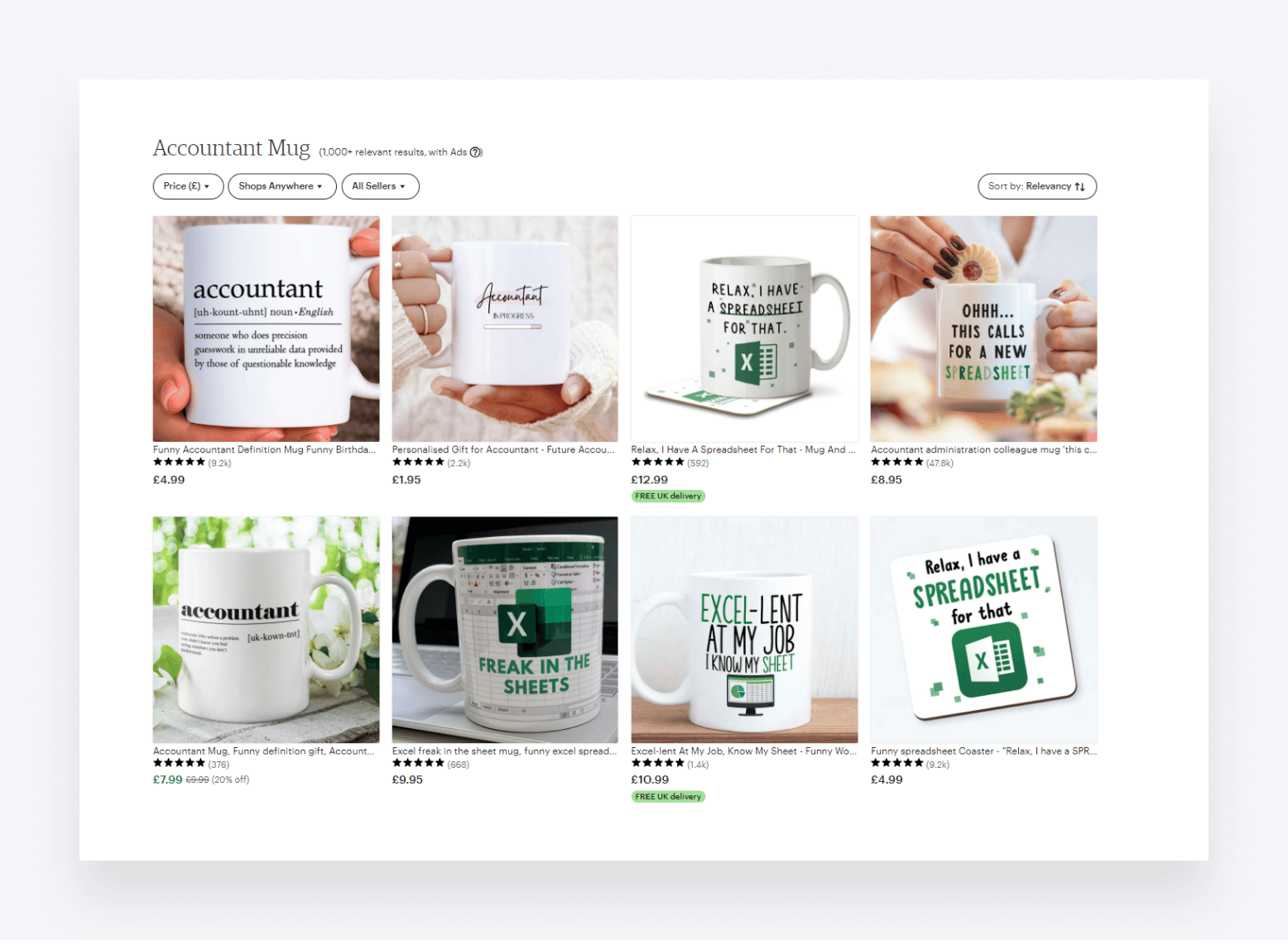 A screenshot from Etsy, showing examples of mugs designed for accountants.