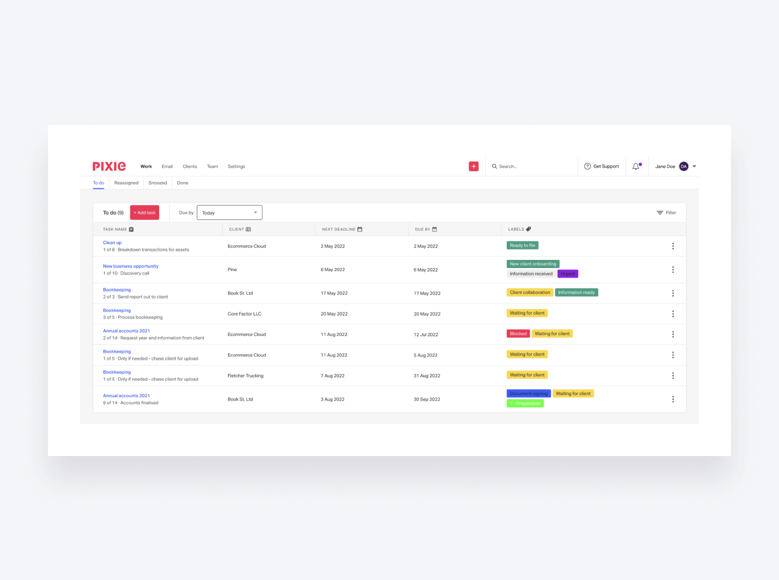 Pixie's work dashboard