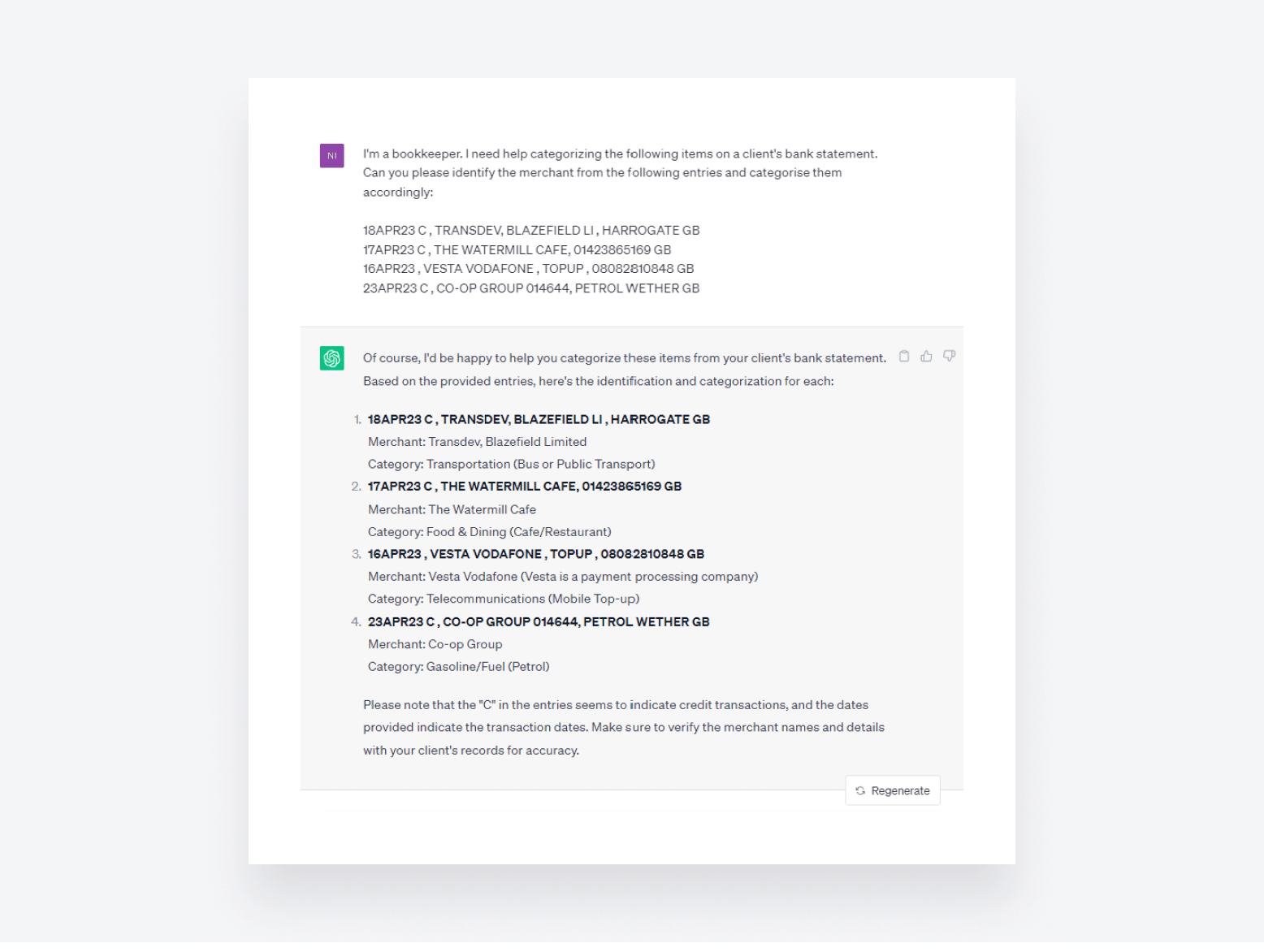 A screenshot of ChatGPT categorizing payment items for bookkeeping purposes.