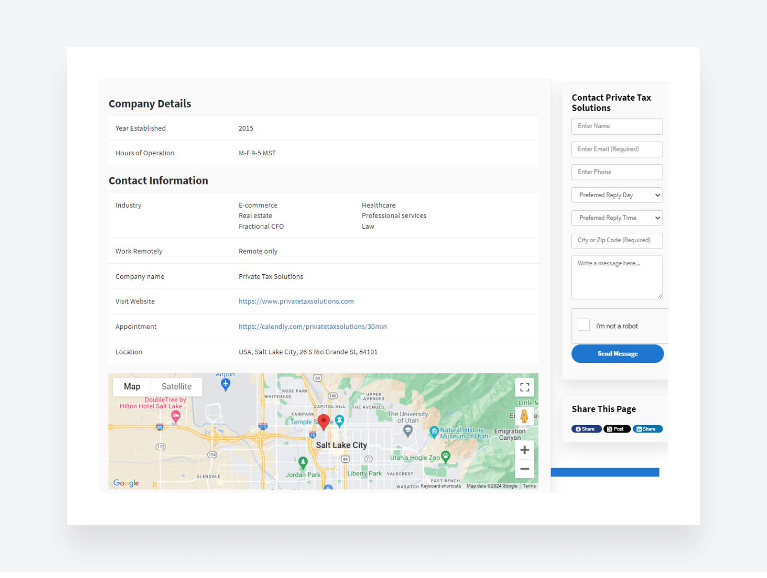 A business profile page on TaxDome Advisors, an online directory for accounting and tax firms.