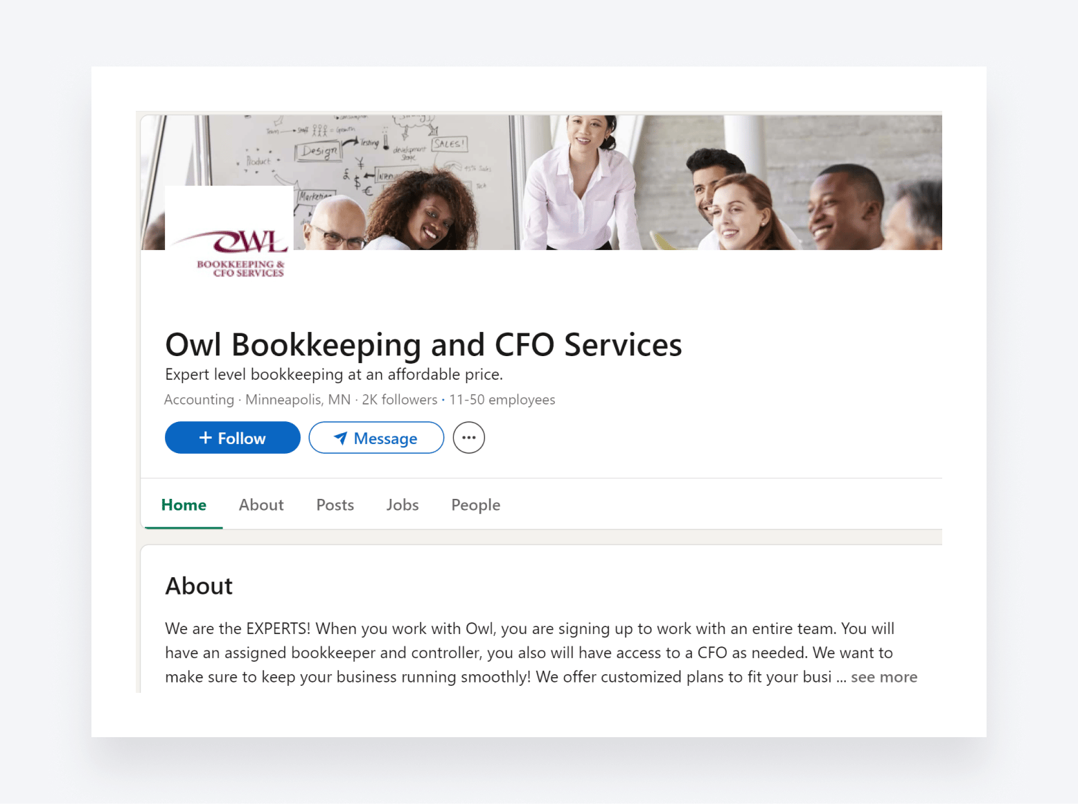 An example of a LinkedIn profile for a bookkeeping business.