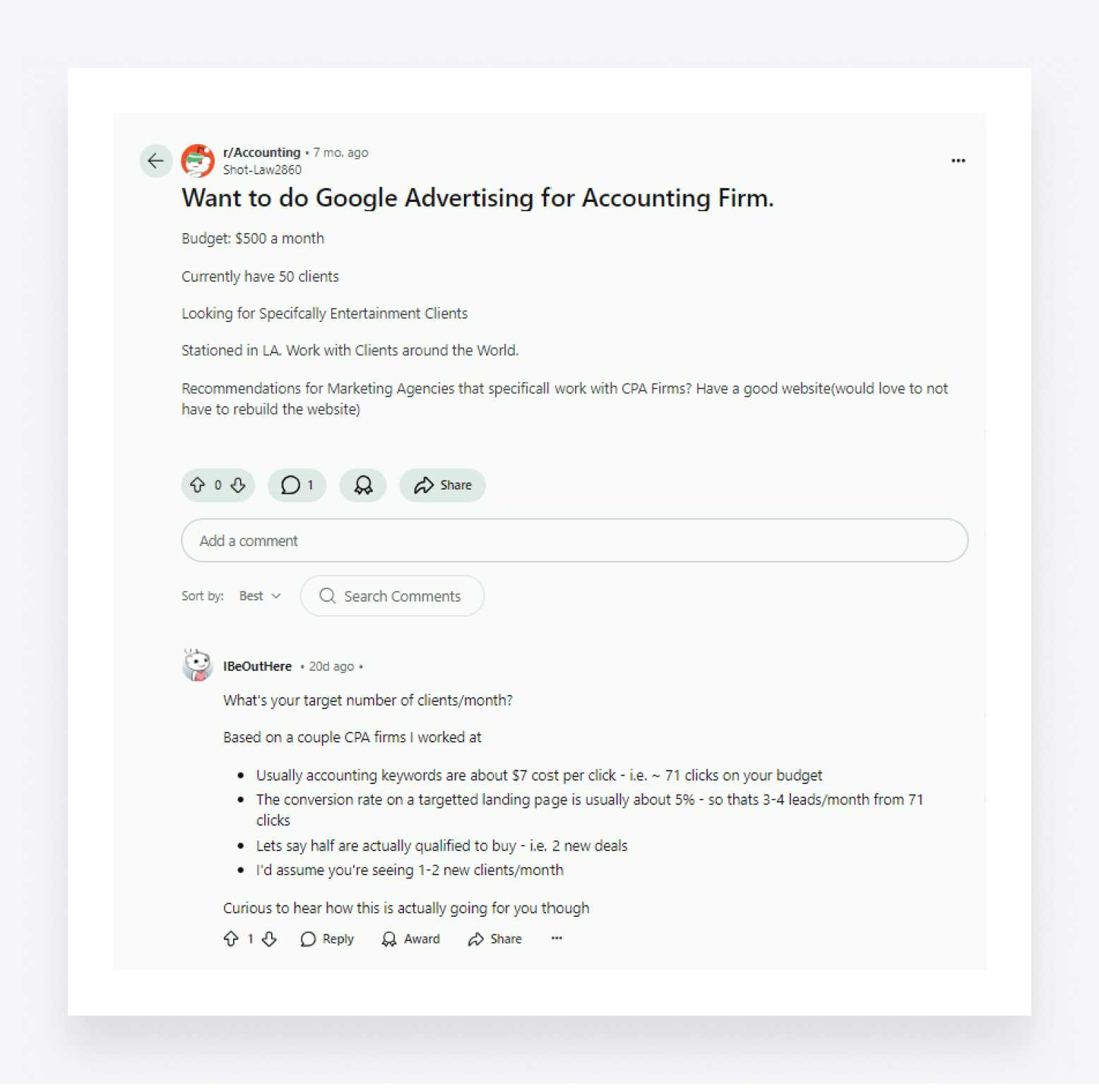 A conversation about email marketing on the r/Accounting subreddit.
