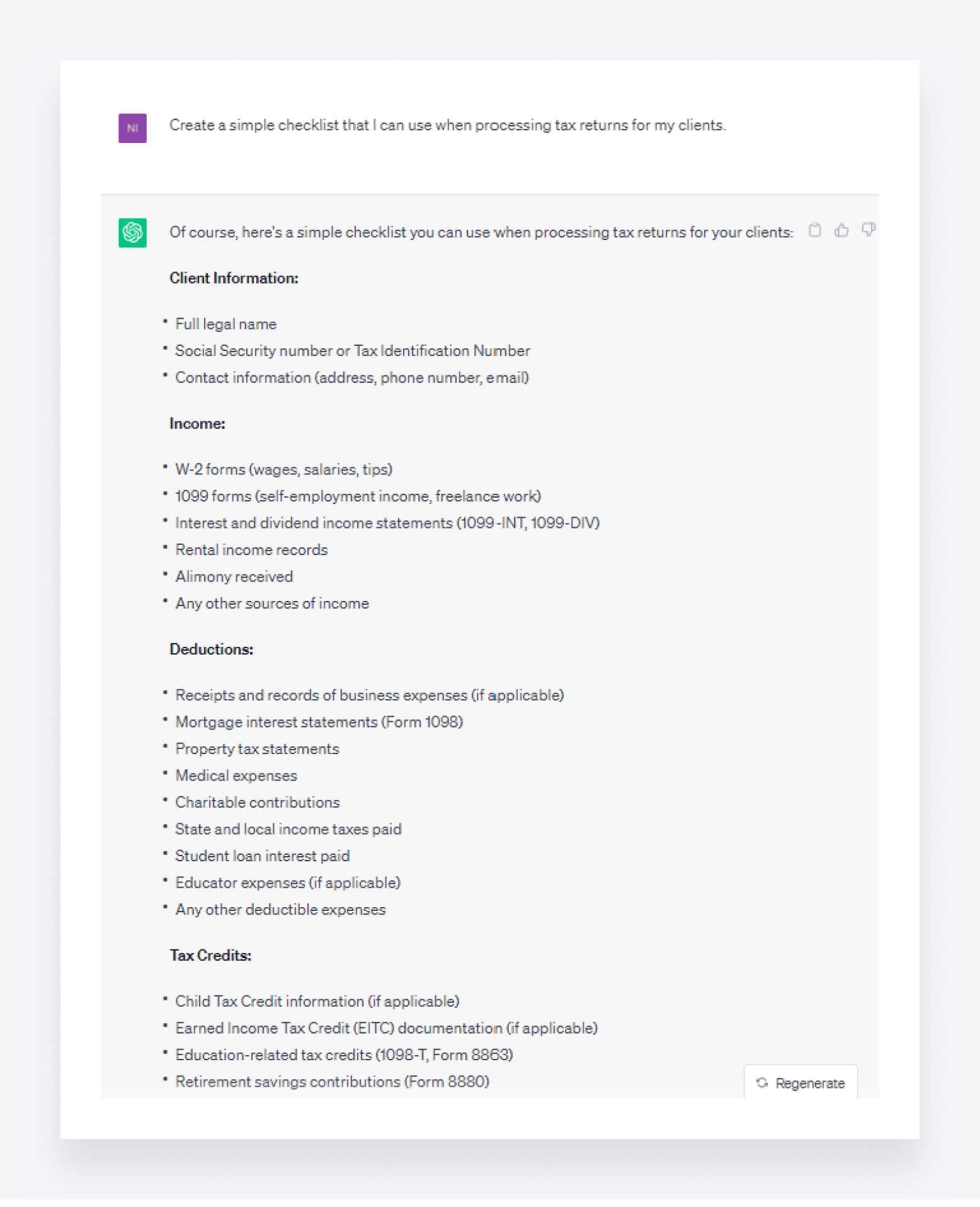 A screenshot of ChatGPT creating a tax return checklist.