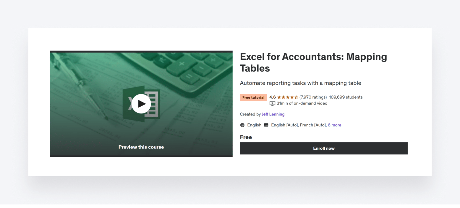 Enrolment page for the free Excel for Accountants course on Udemy.