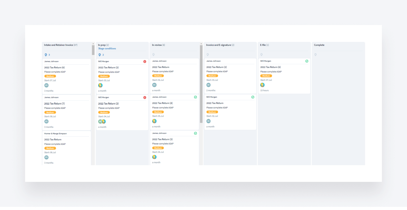 A screenshot of TaxDome's automated pipelines for tax returns.