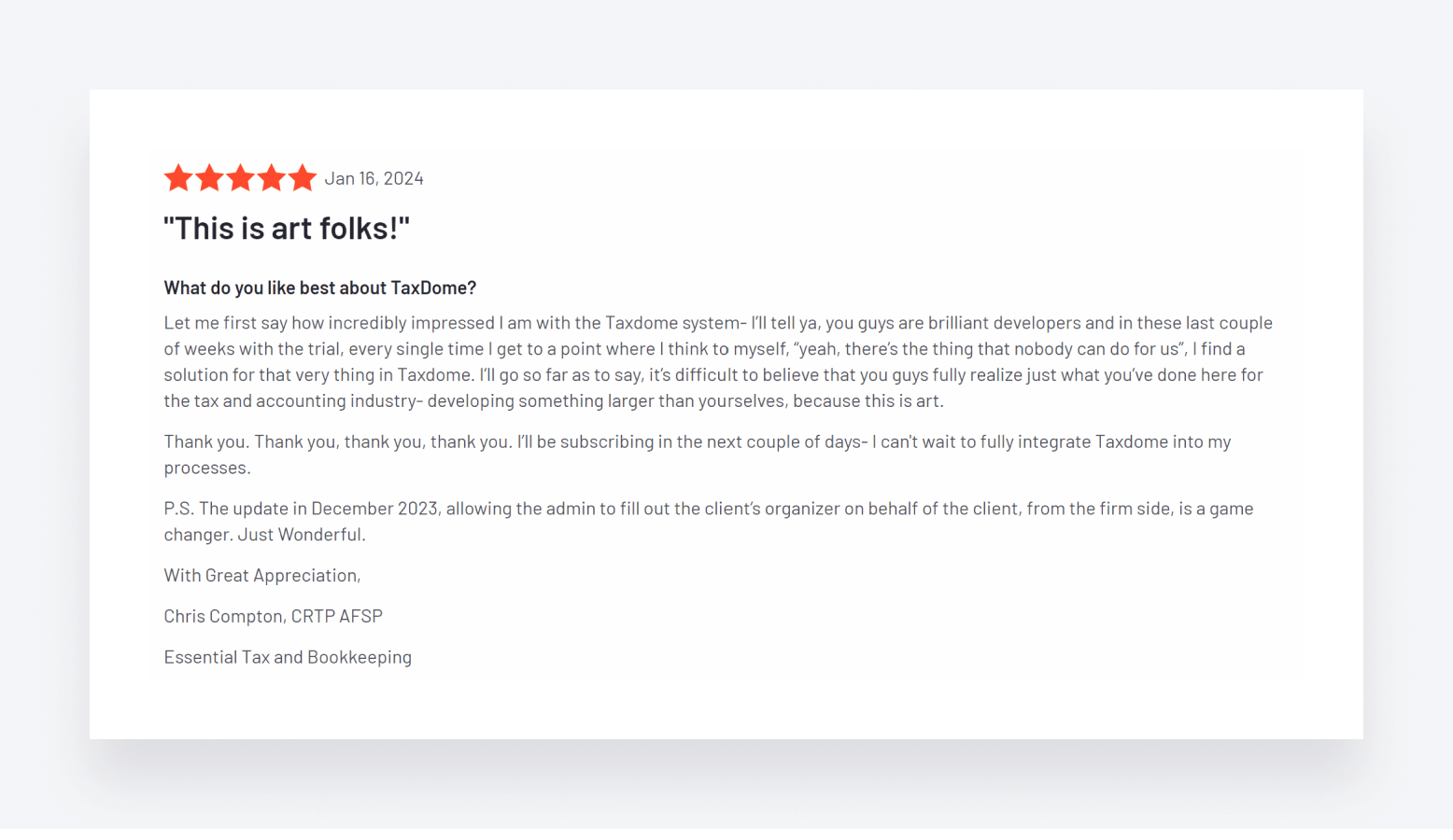 A very positive review of TaxDome on online review site G2.