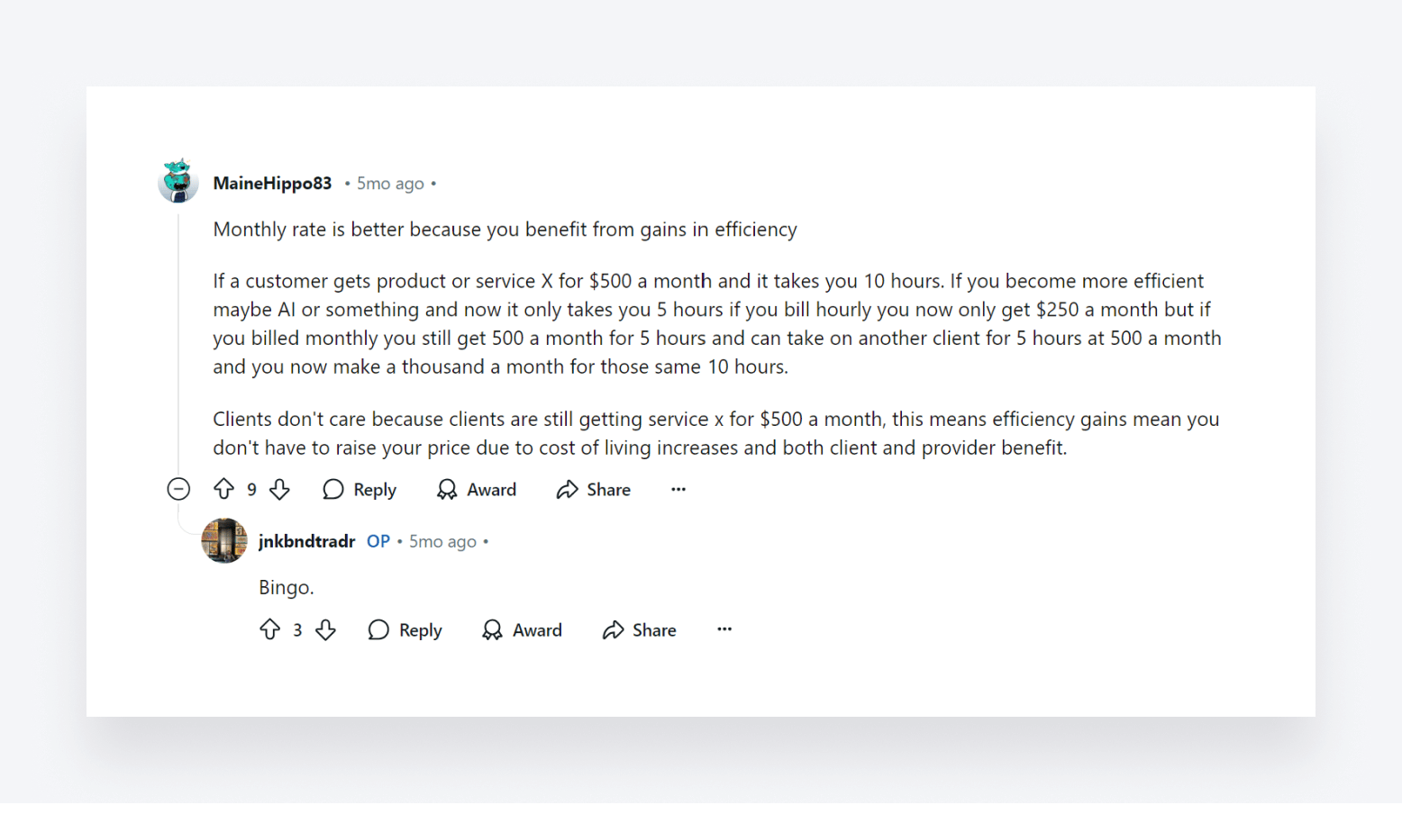 A comment in a Reddit discussion about the benefits of monthly rates.