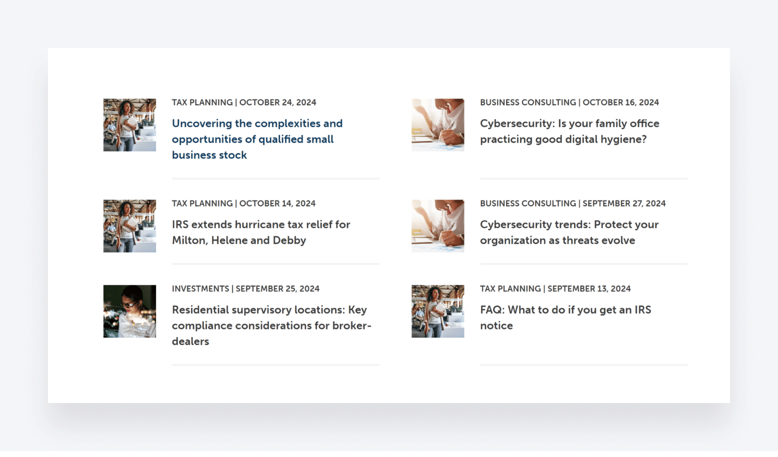 Screenshot showing blog articles written by Miami-based accounting firm Kaufman Rossin.