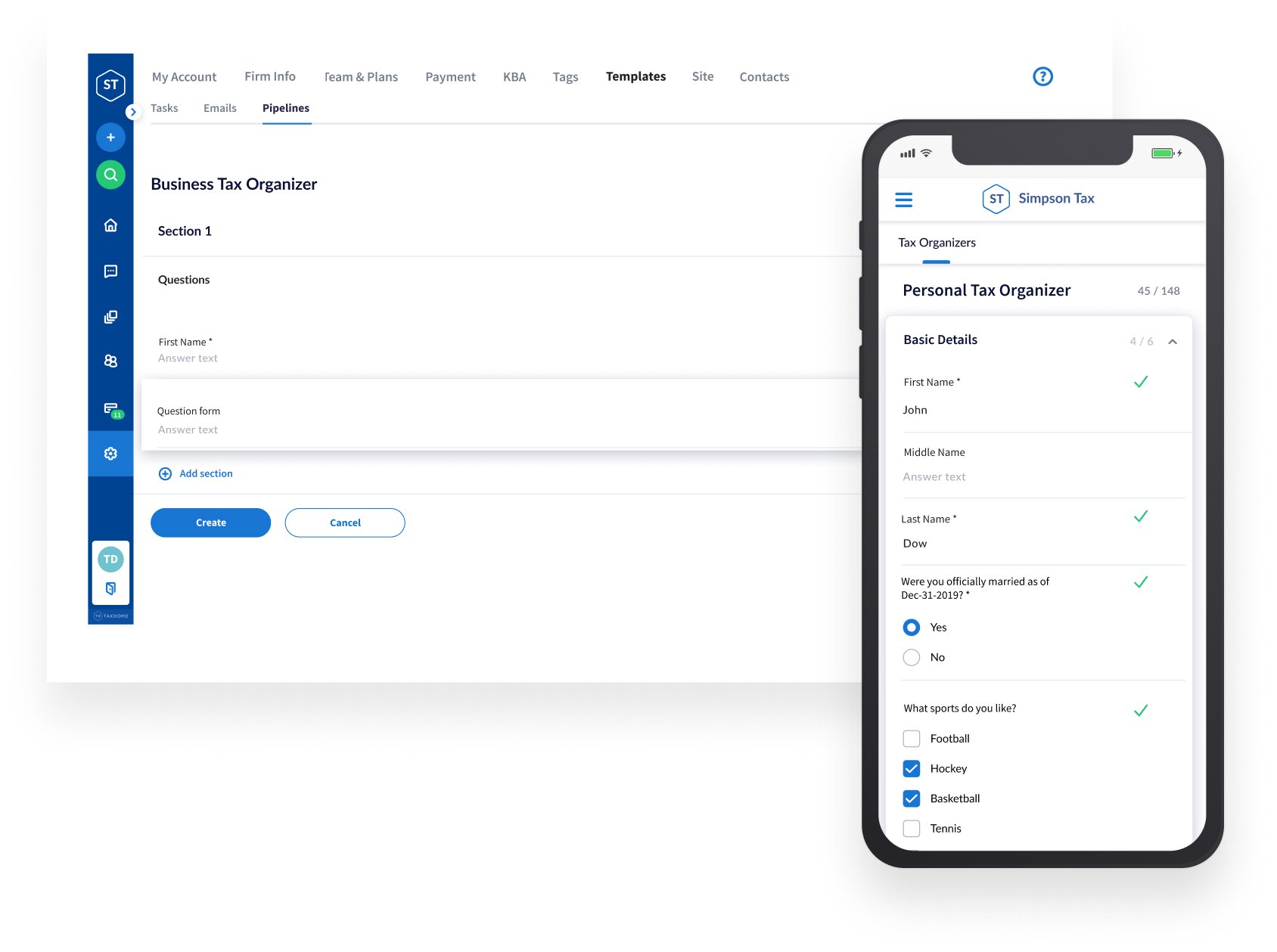 TaxDome business tax preparation software offers customizable tax client organizers that clients can fill out from their phones
