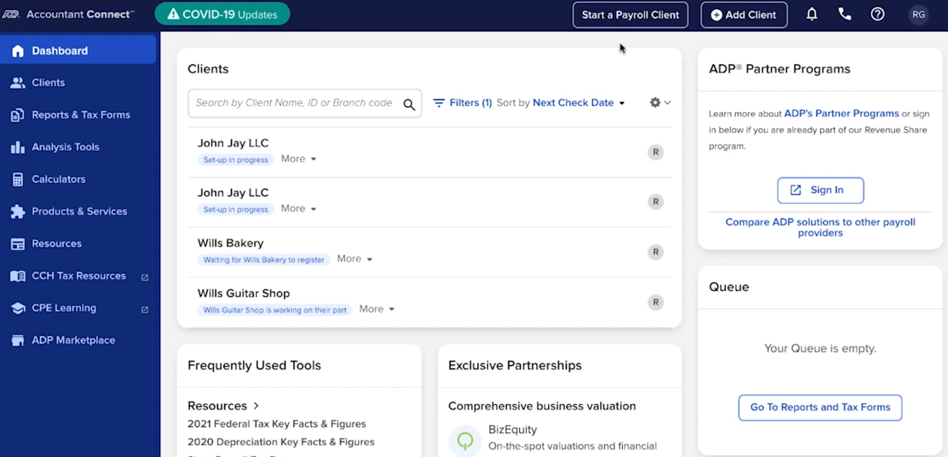 ADP Accountant Connect payroll dashboard