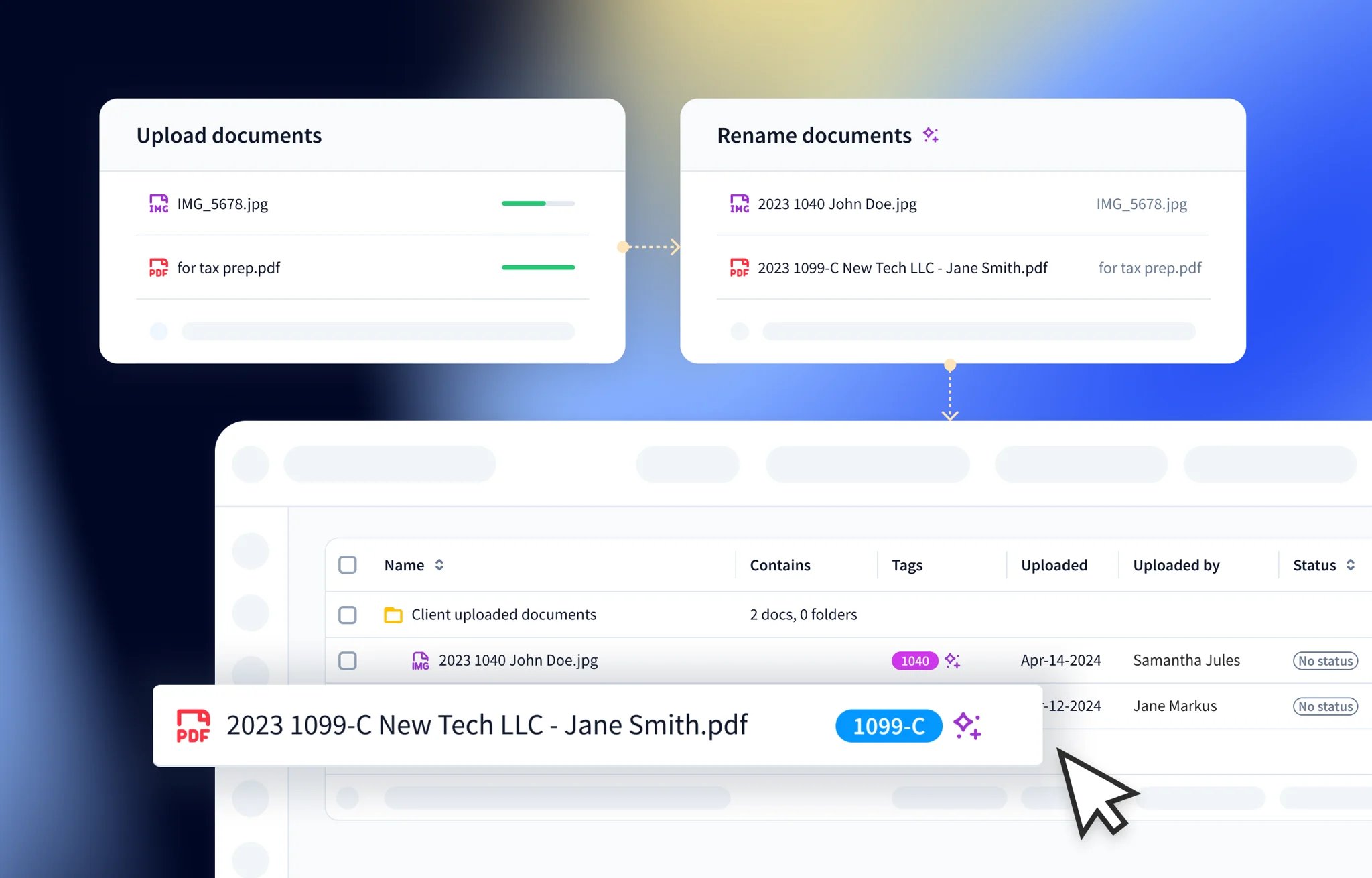 TaxDome AI analyzes, renames, and tags client documents automatically.