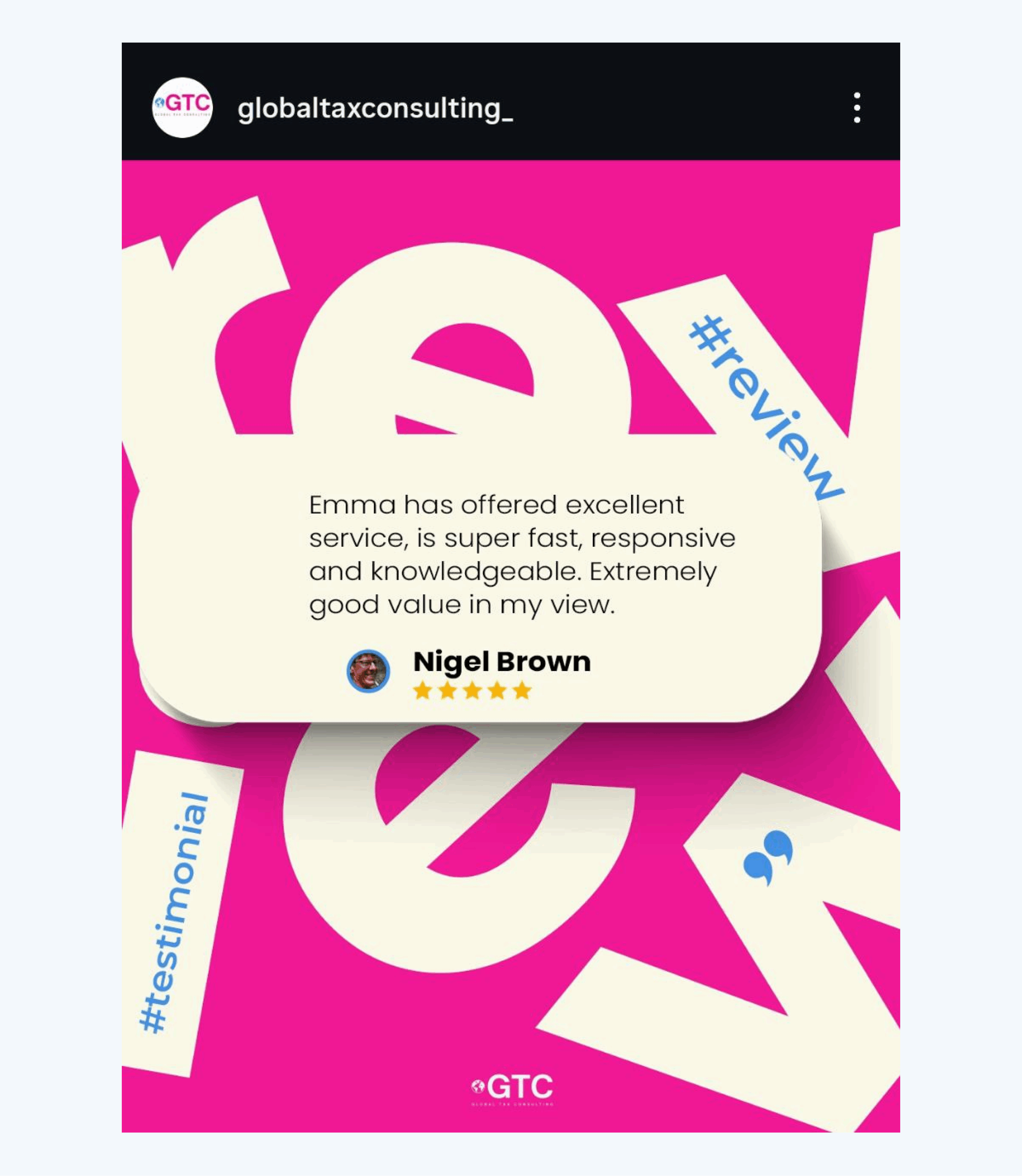 Client testimonial shared by Global Tax Consulting on Instagram