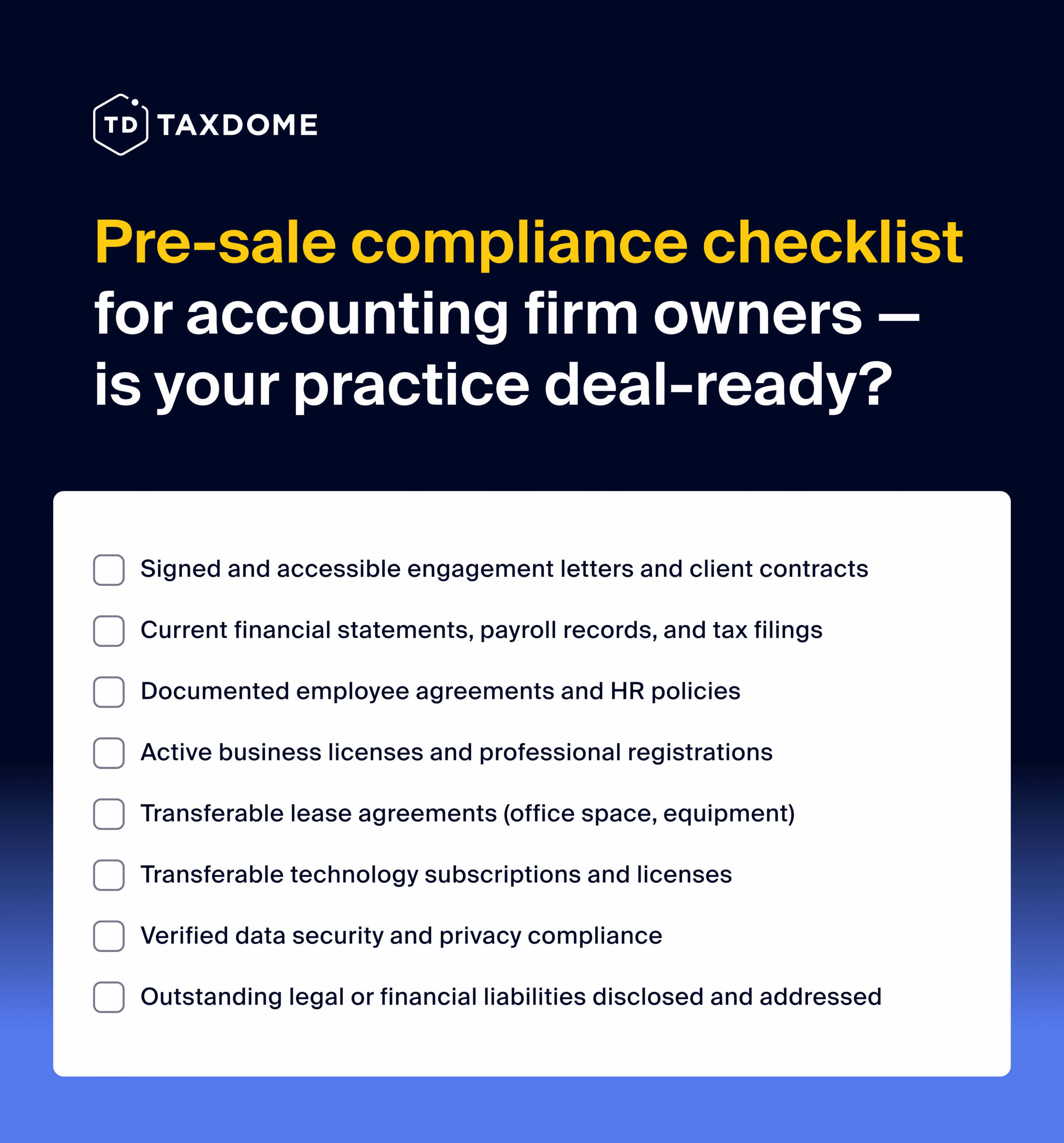 Pre-sale compliance checklist for accounting firm owners, covering contracts, finances, HR, licenses, tech, and liabilities.