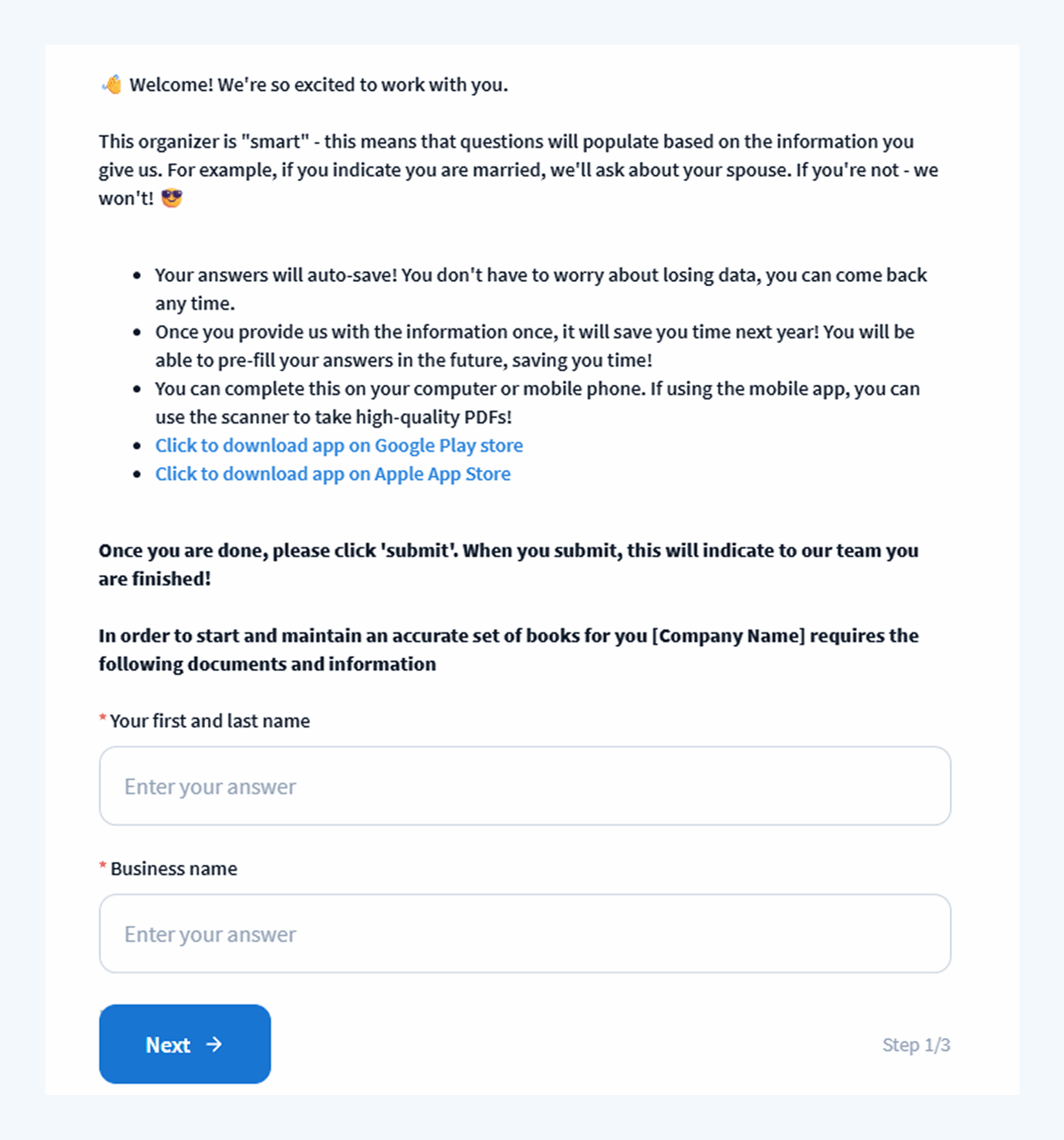 TaxDome bookkeeping client intake form template