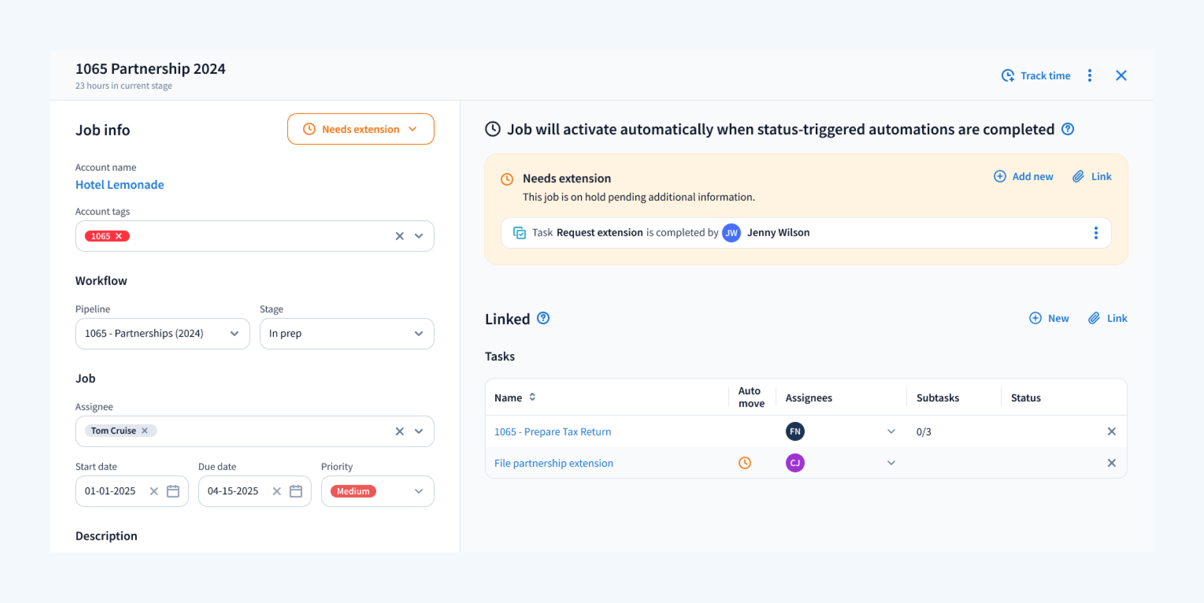 TaxDome job card interface displaying status-triggered automations.