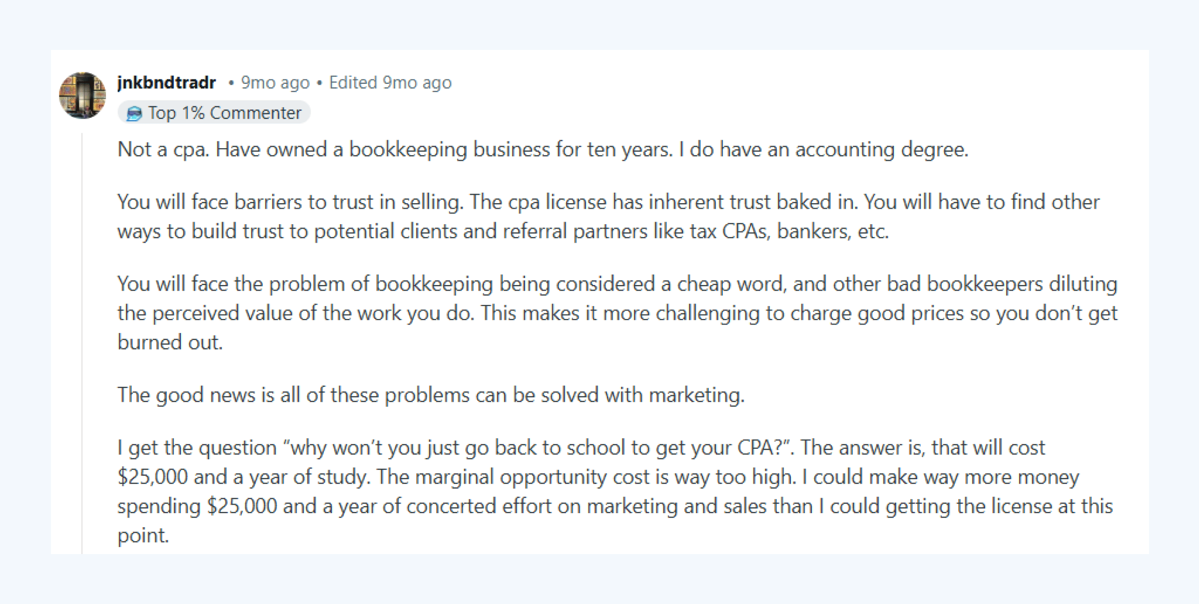 Screenshot of a comment that talks about whether you need a CPA license to start a bookkeeping business