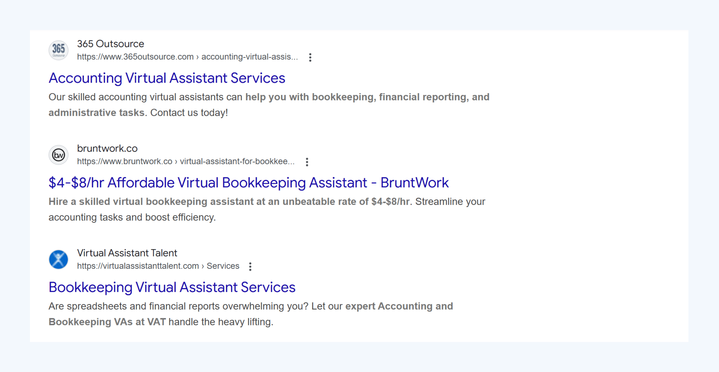 Google search results for "accounting virtual assistant".