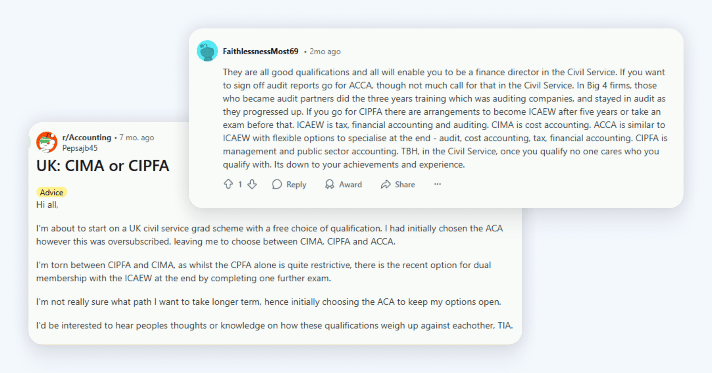 Screenshot showing a Reddit discussion comparing CIPFA and CIMA