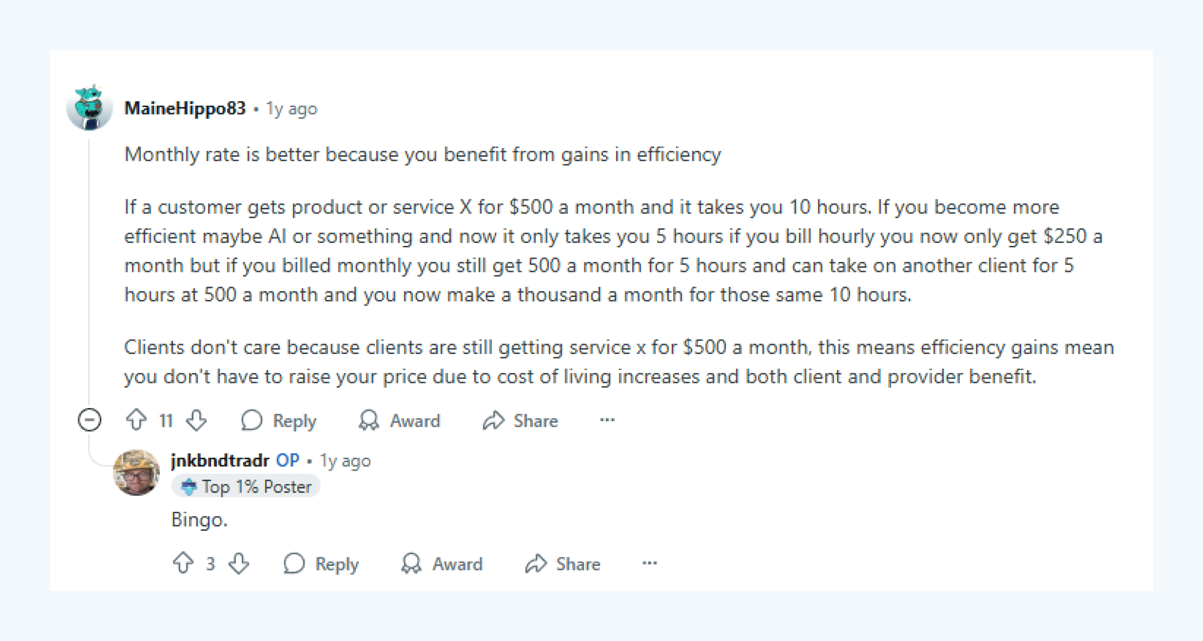 Reddit thread highlighting benefits of a monthly rate