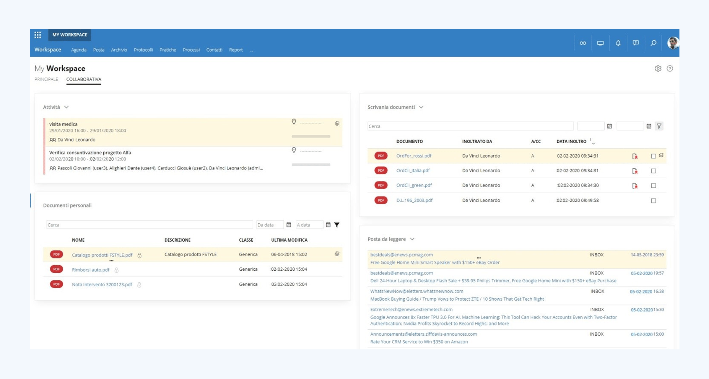 Dashboard Zucchetti Infinity DMS per la gestione documentale con workflow e firma digitale