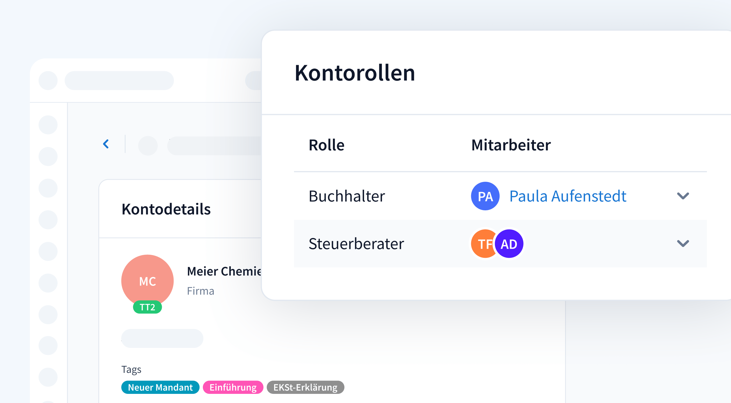 Der „Rollen"-Bereich von TaxDome präsentiert eine Übersicht der Mitarbeiterrollen