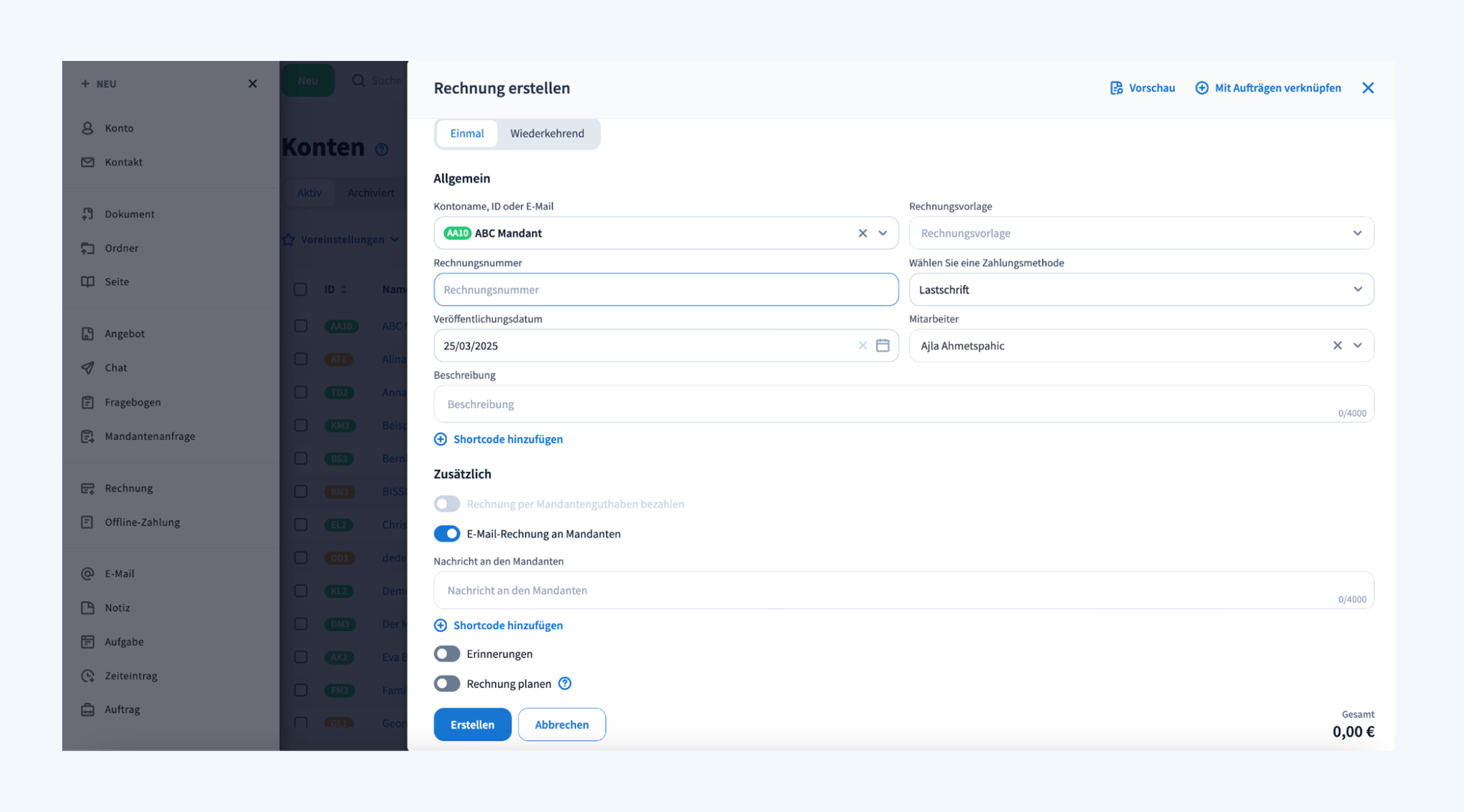 Screenshot TaxDome: Rechnungsstellung, Zahlungsmanagement