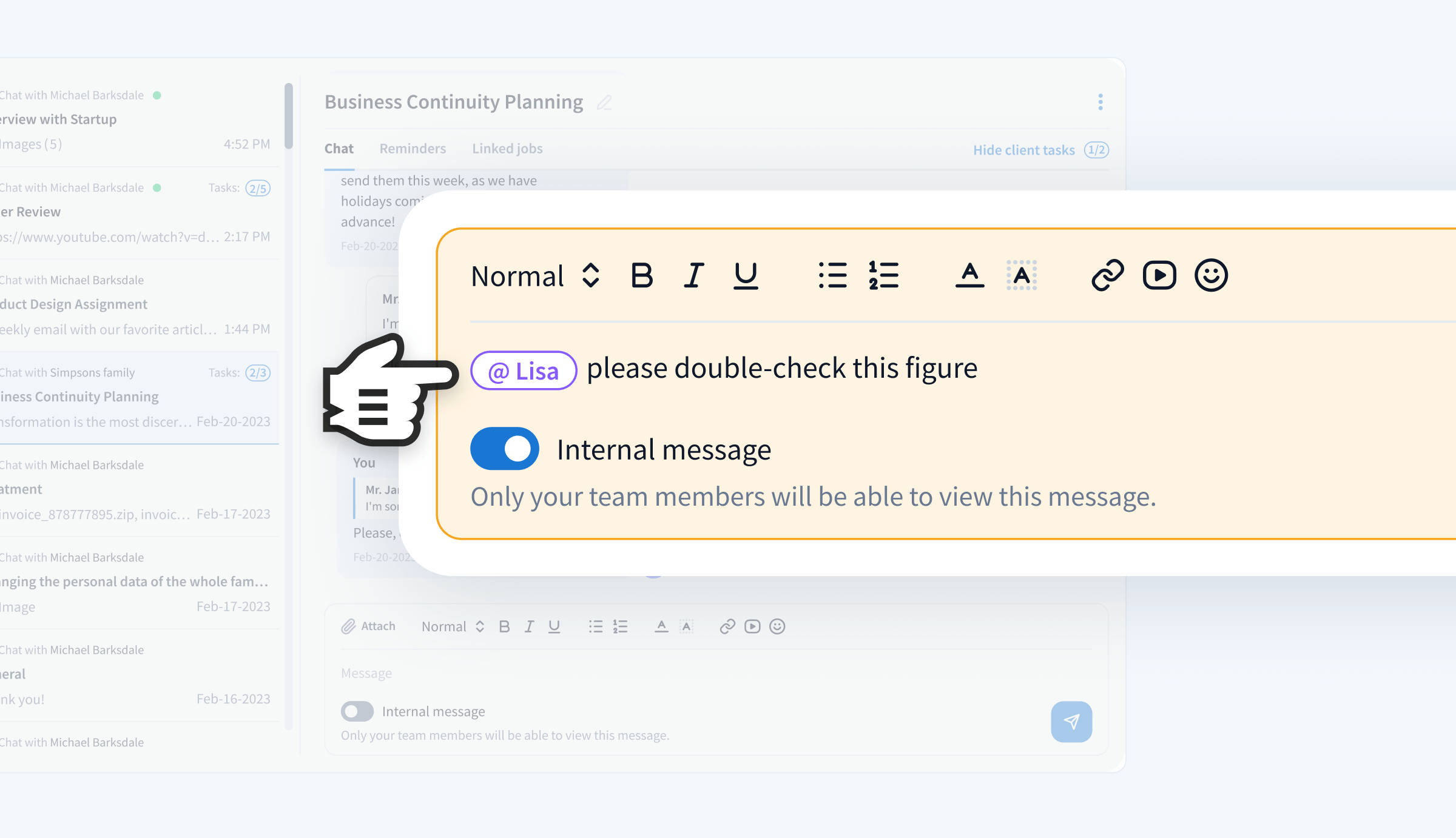 Image of TaxDome’s internal messages with tagging functionality
