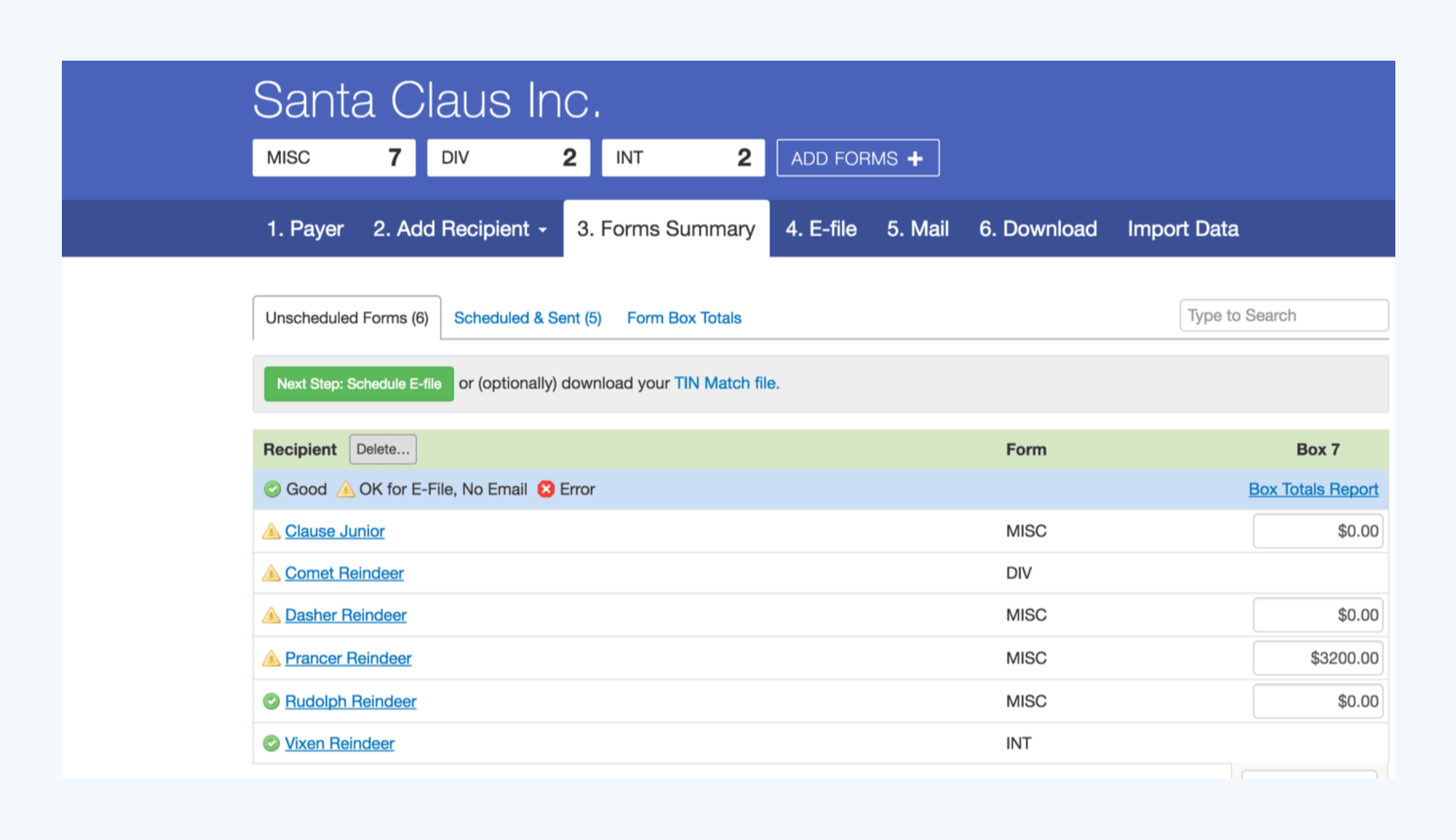 Screenshot of Track1099 software interface with forms summary dashboard