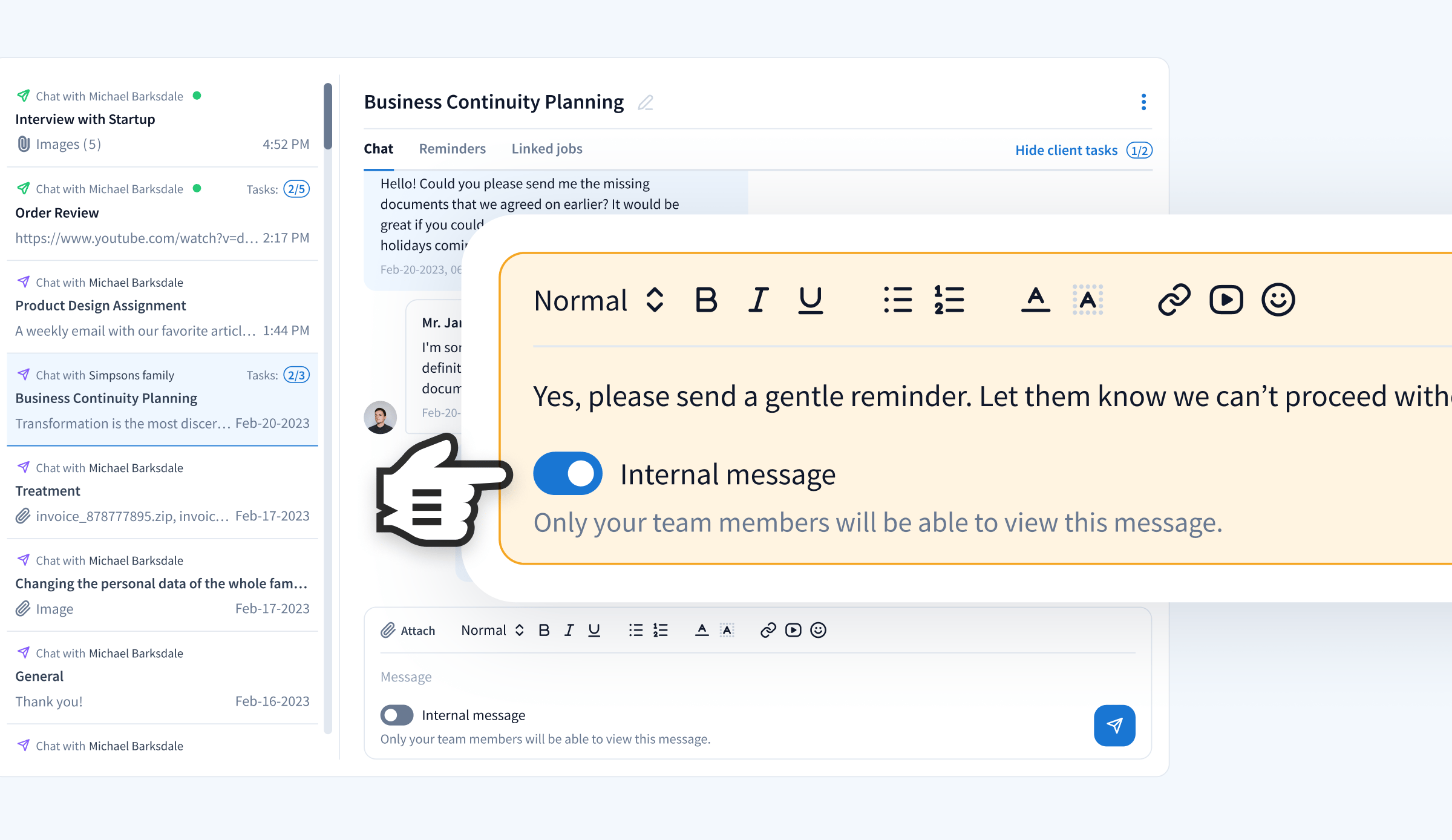 Image of TaxDome’s internal messages in the chat interface