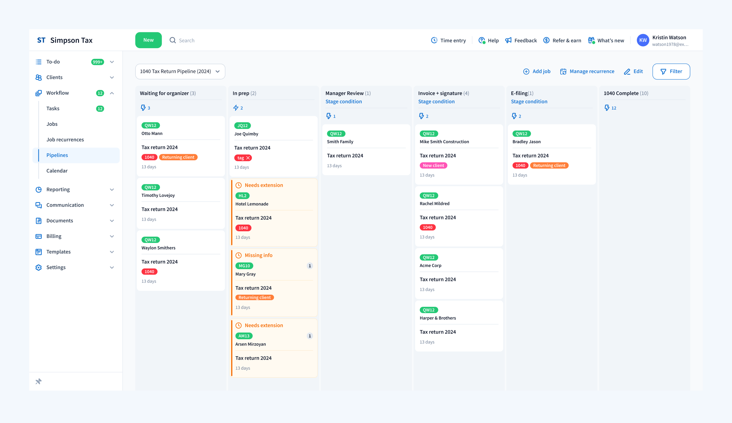 TaxDome Job custom statuses set to 'needs extension' and 'missing info'