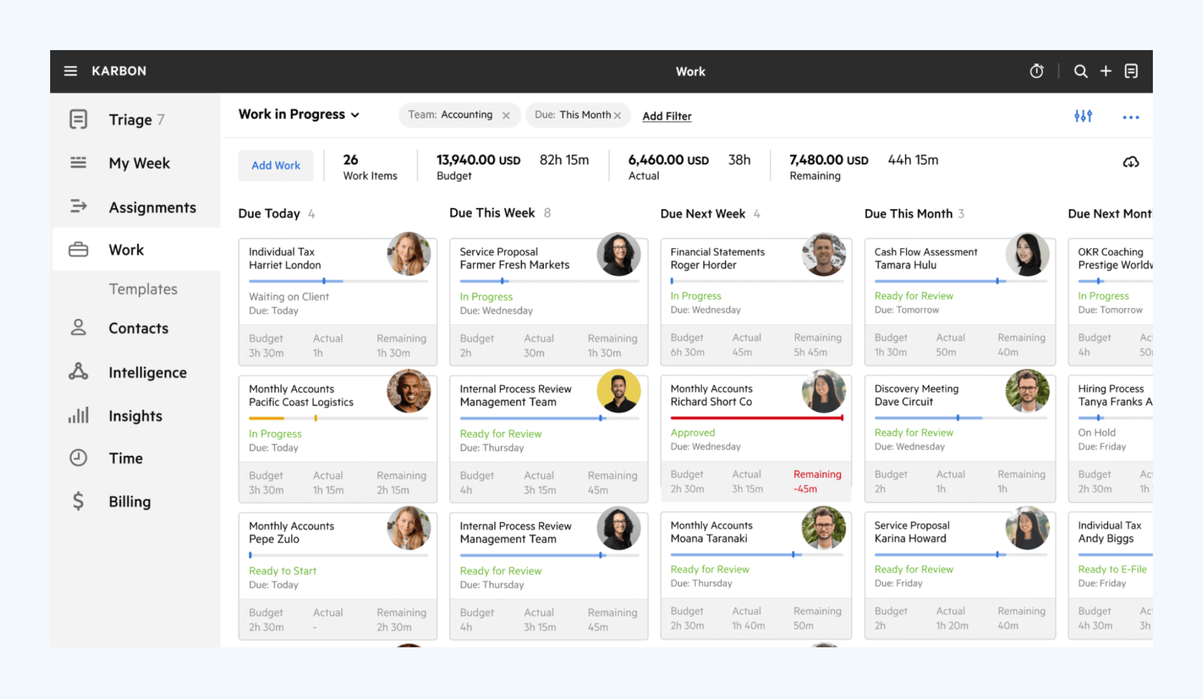 Karbon task board with Kanban-style project tracking